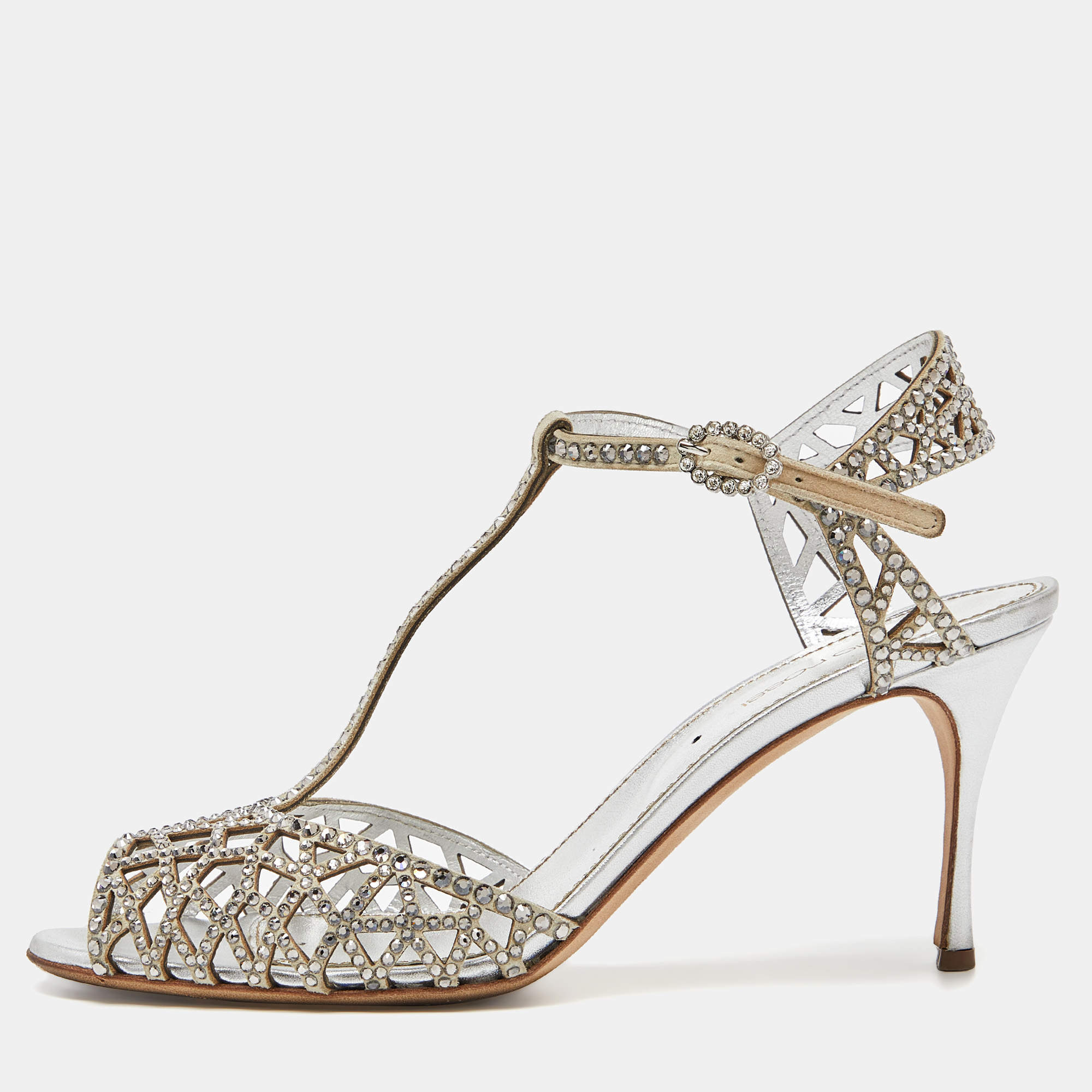 Pre Owned Sergio Rossi Silver Crystal Embellished Suede T-Bar Ankle Strap Sandals Size 38