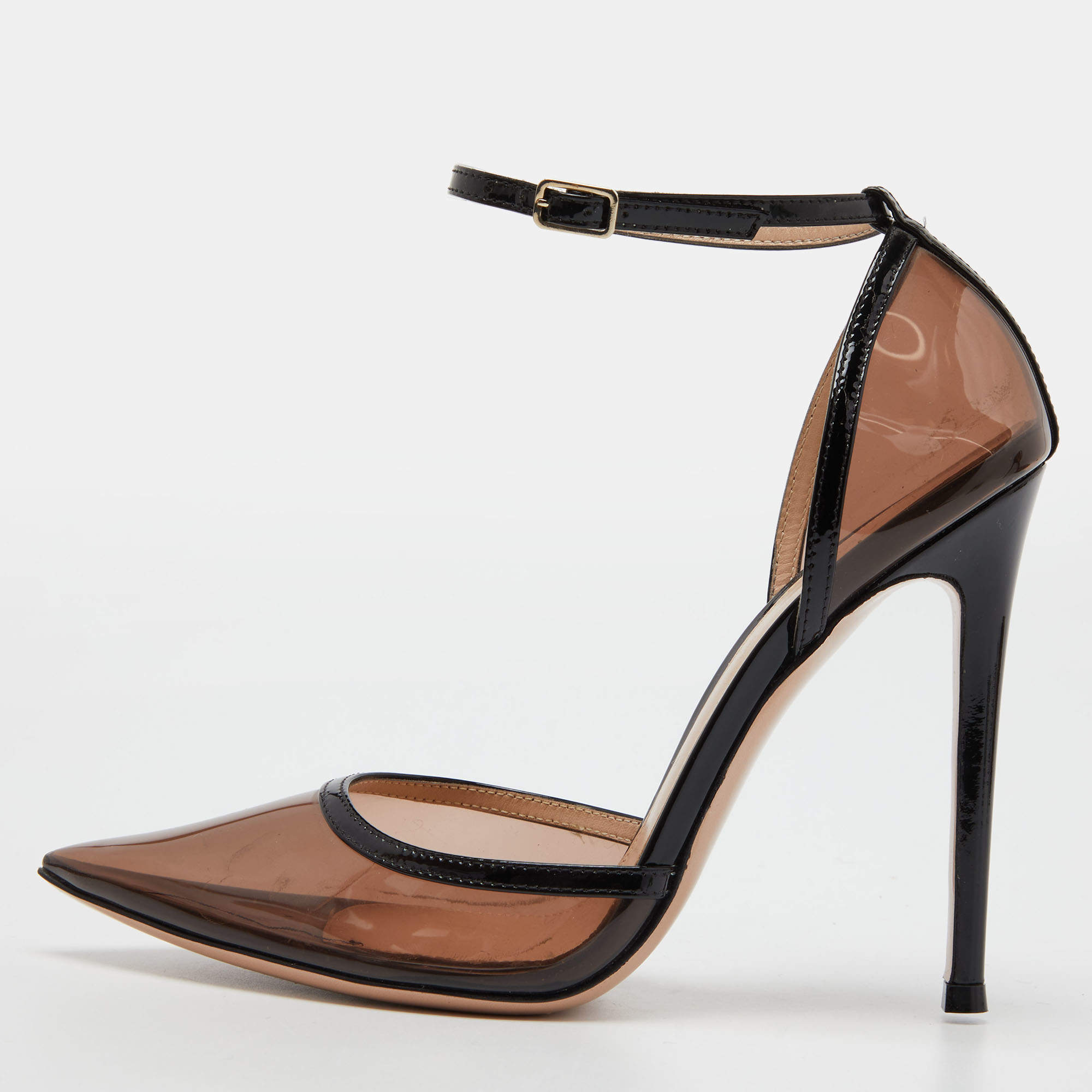 Pre Owned Gianvito Rossi Black PVC and Patent Leather Crystal Embellished Pumps Size 36.5