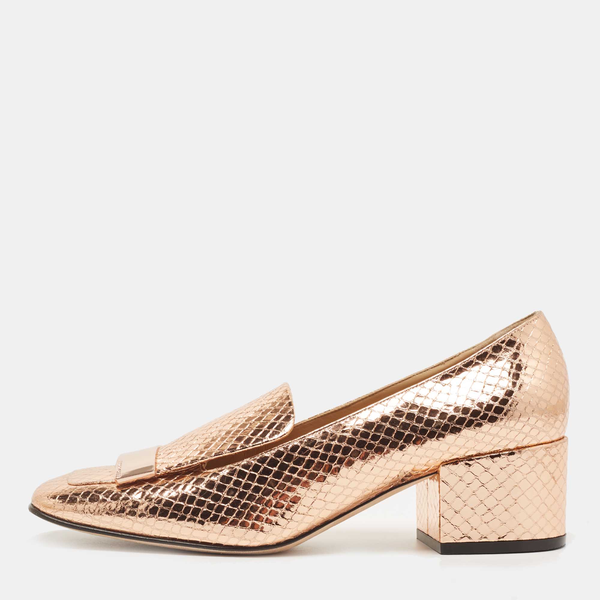 Pre Owned Sergio Rossi Rose Gold Python Embossed Loafer Pumps Size 39