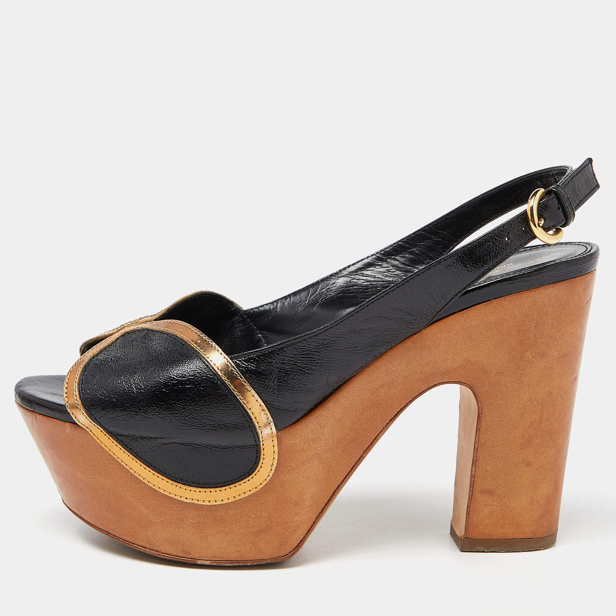 Pre Owned Sergio Rossi Black/Metallic Brown Leather Wooden Platform Open Toe Slingback Pumps Size 37.5