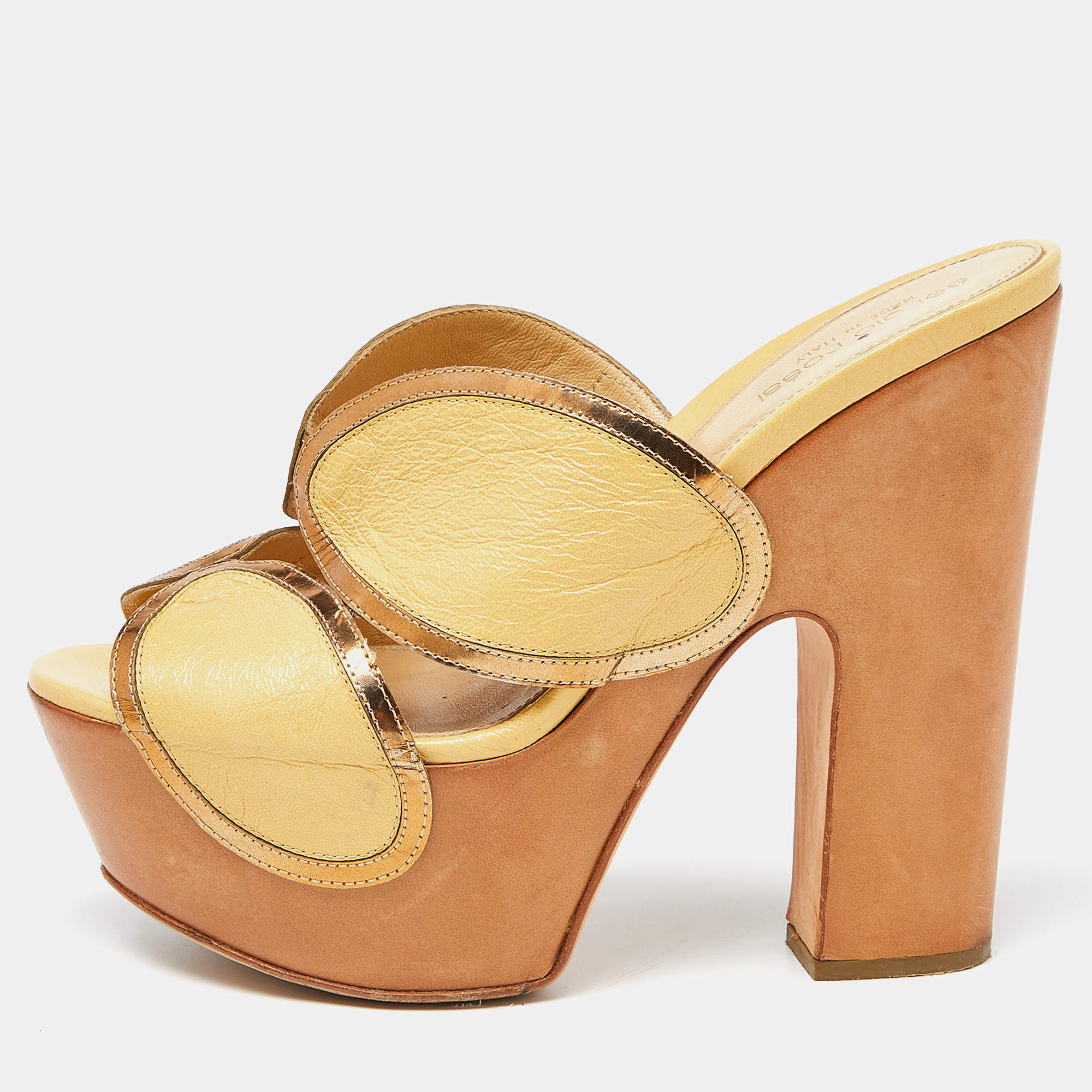 Sergio Rossi Yellow Leather Wooden Platform Slide Sandals Size 38