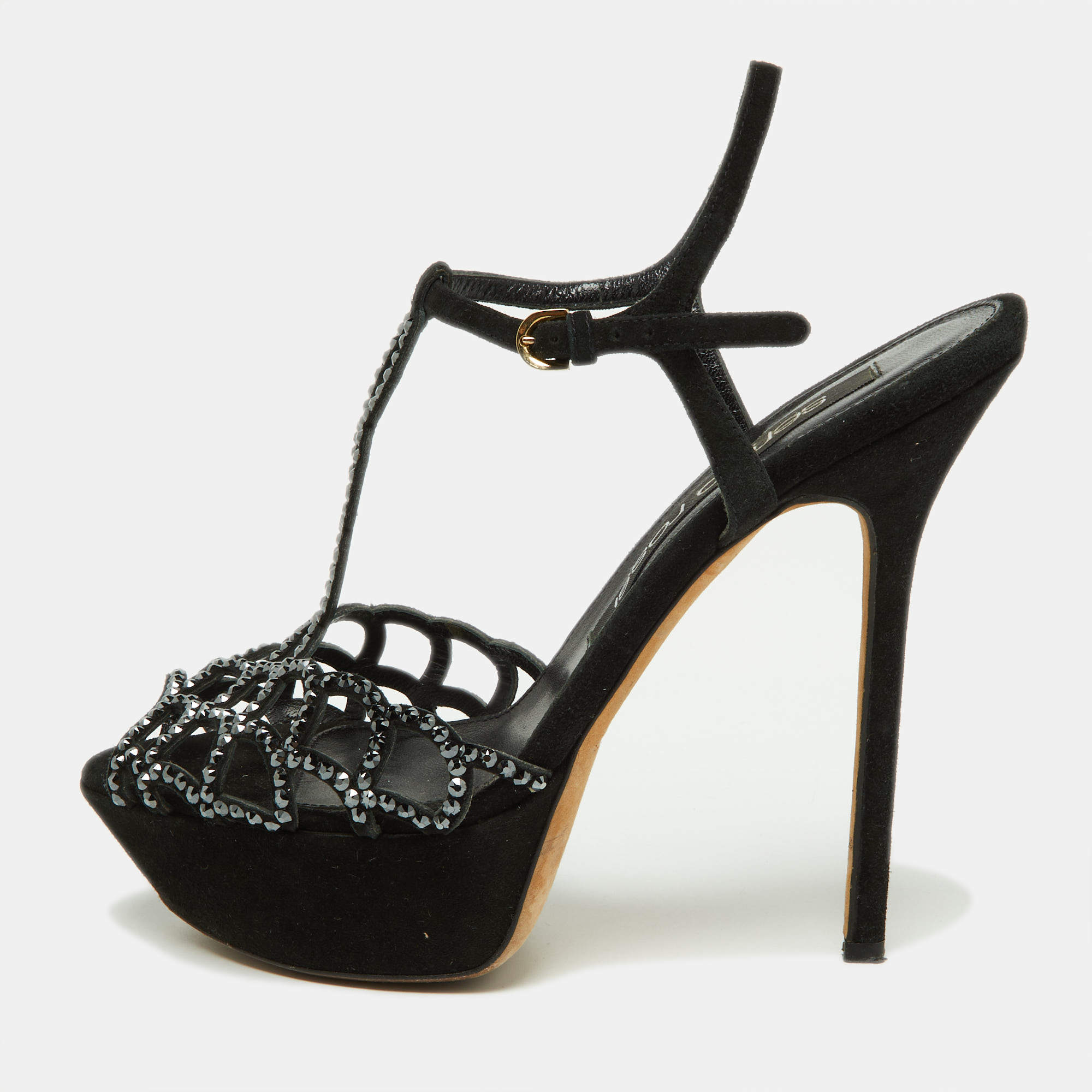 Pre Owned Sergio Rossi Black Crystal Embellished Suede T-Bar Ankle Strap Platform Sandals Size 38