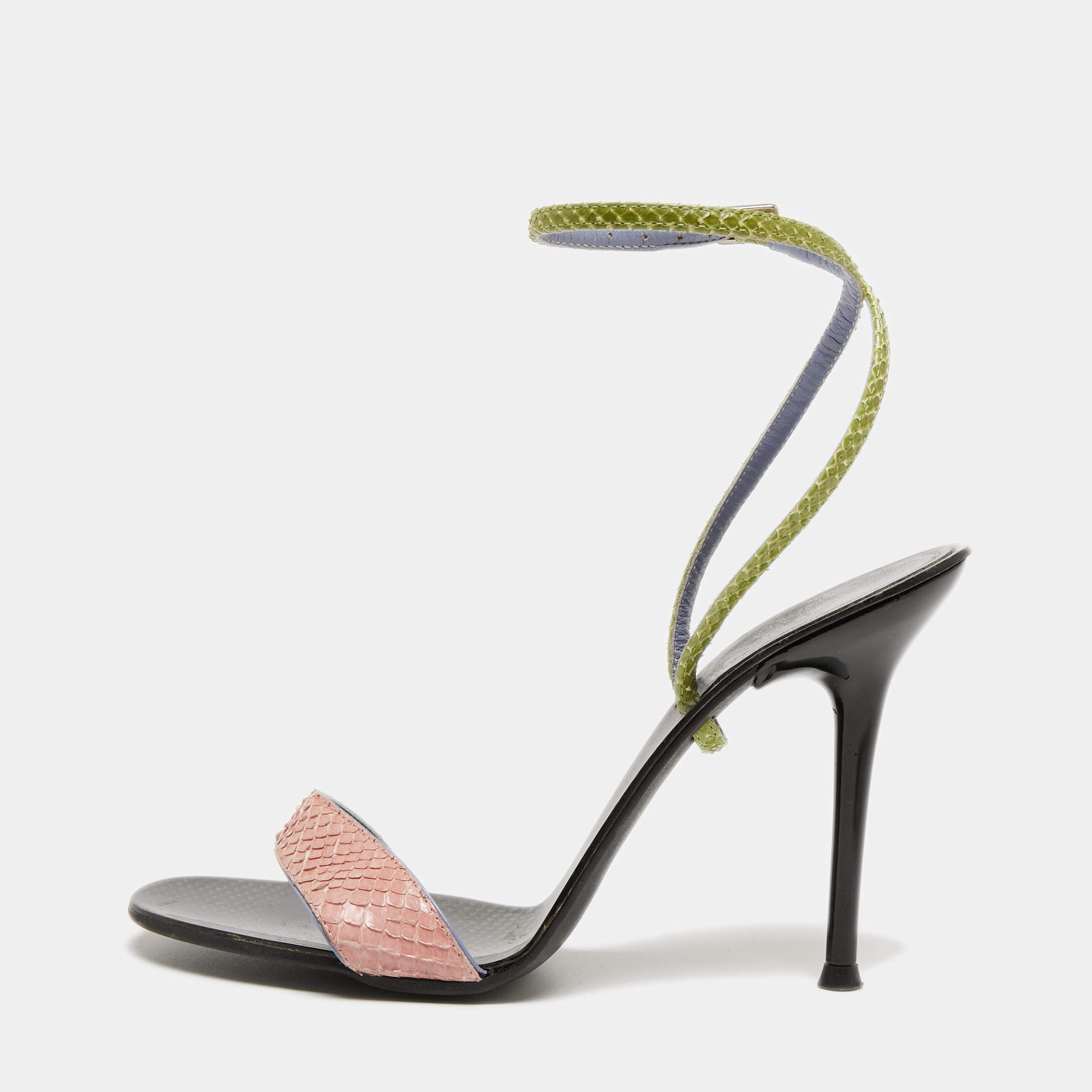 Pre Owned Sergio Rossi Tricolor Snakeskin Ankle Wrap Sandals Size 35.5