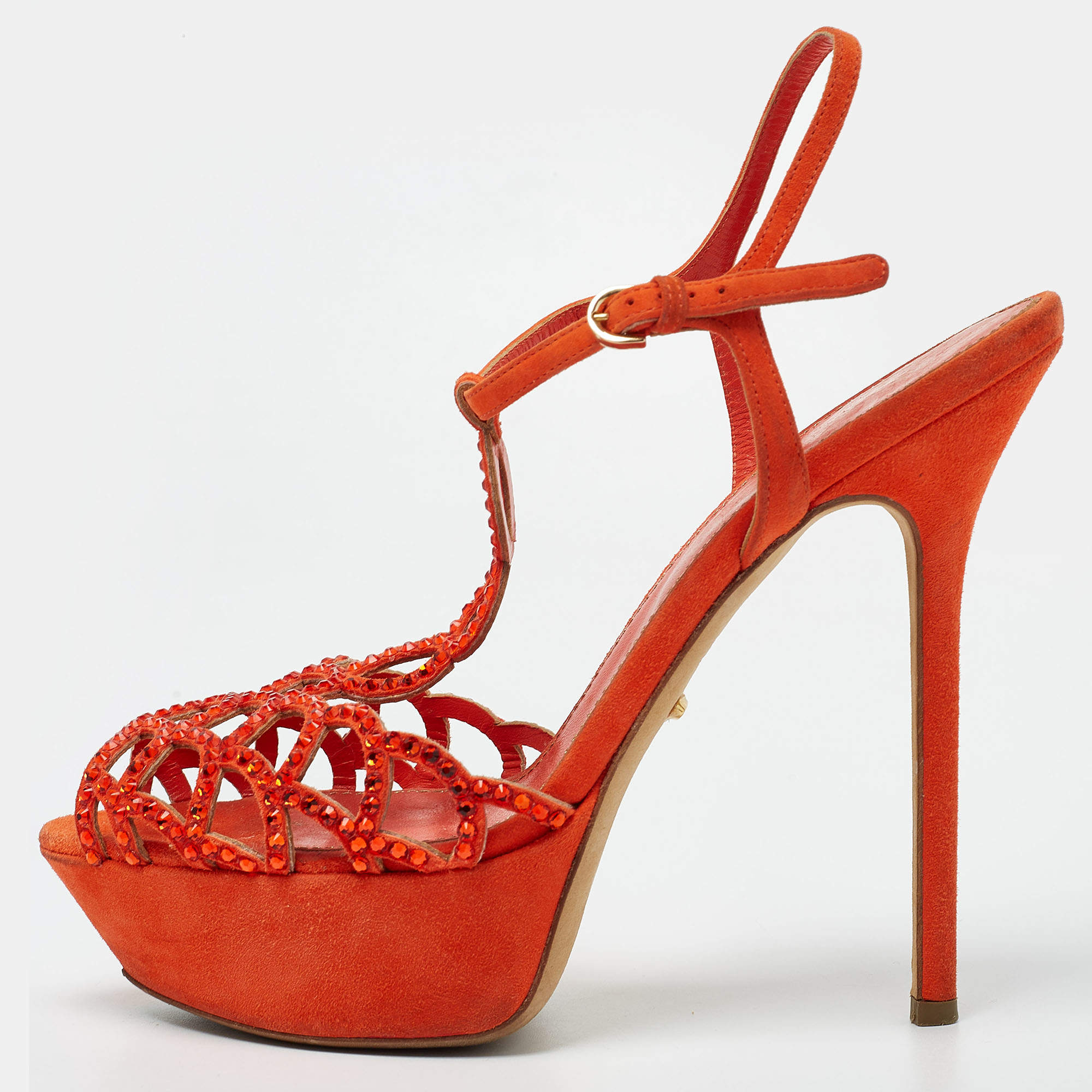 مملوكة مسبقًا Sergio Rossi Orange Suede and Crystal Embellished Strappy Scalloped Platform Sandals Size 38.5