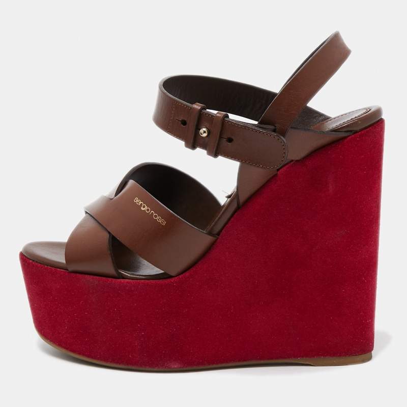 Pre Owned Sergio Rossi Pink/Brown Leather Wedge Platform Ankle Strap Sandals Size 37.5