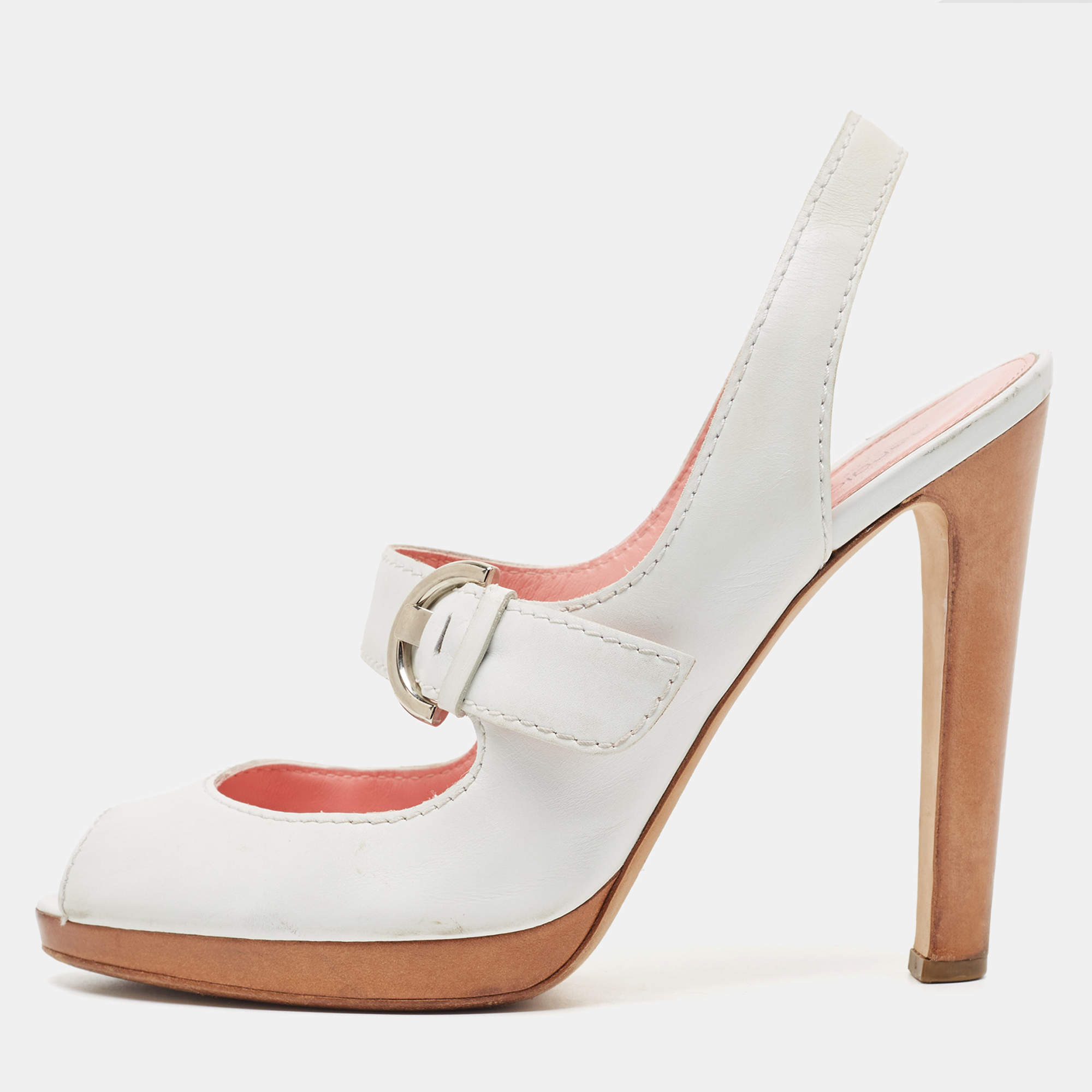 Pre Owned Sergio Rossi White Leather Peep Toe Slingback Sandals Size 40