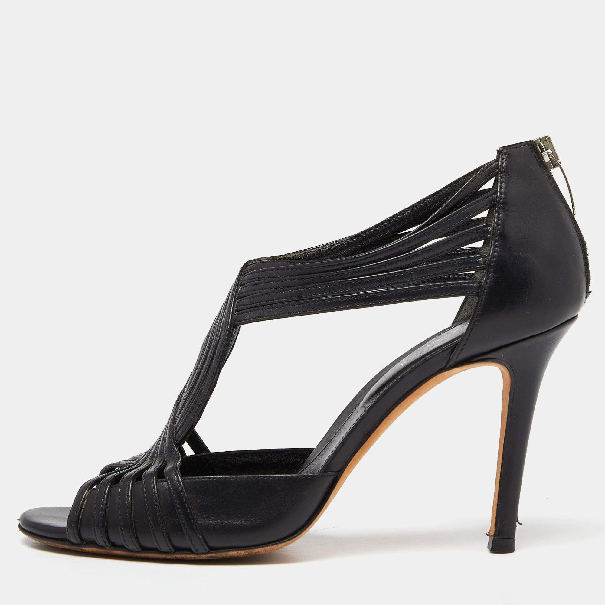 Pre Owned Sergio Rossi Black Leather Strappy Sandals Size 37