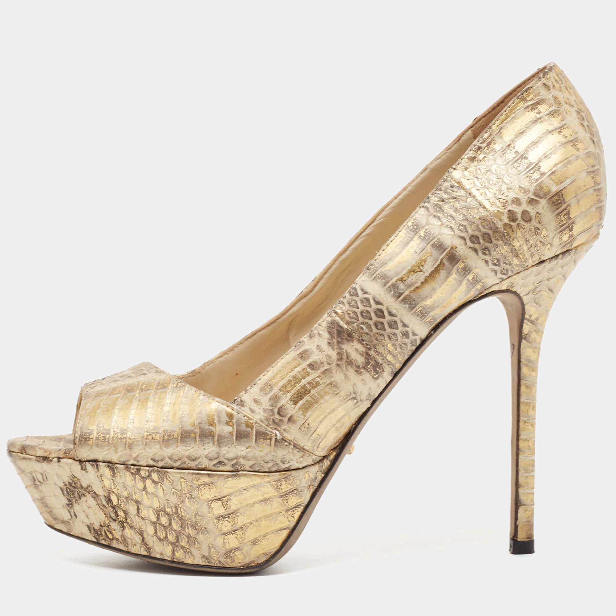 Sergio Rossi Beige/Gold Water Snake Embossed Leather Peep Toe Pumps Size 38.5