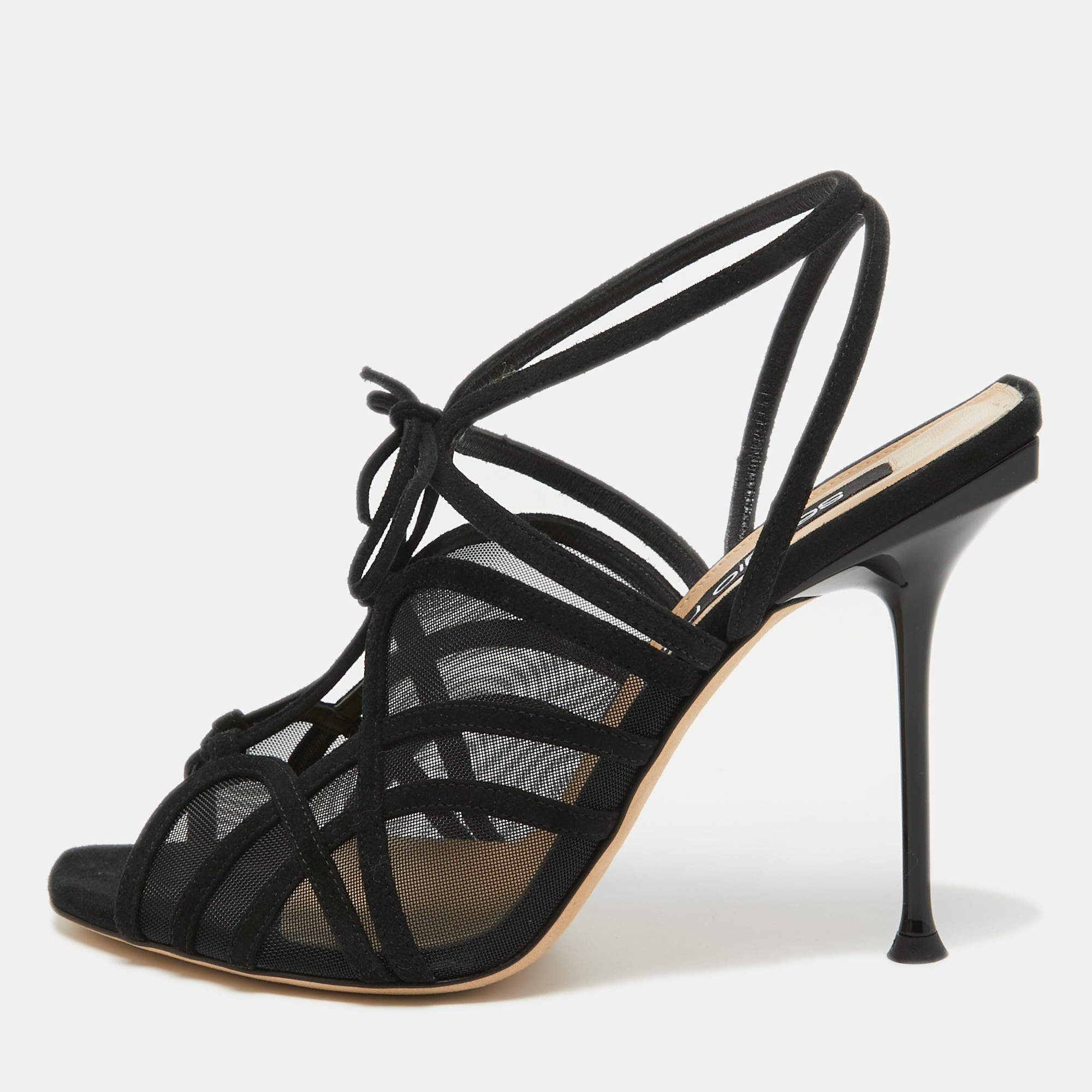 Sergio Rossi Black Suede and Mesh Ankle Strap Sandals Size 40