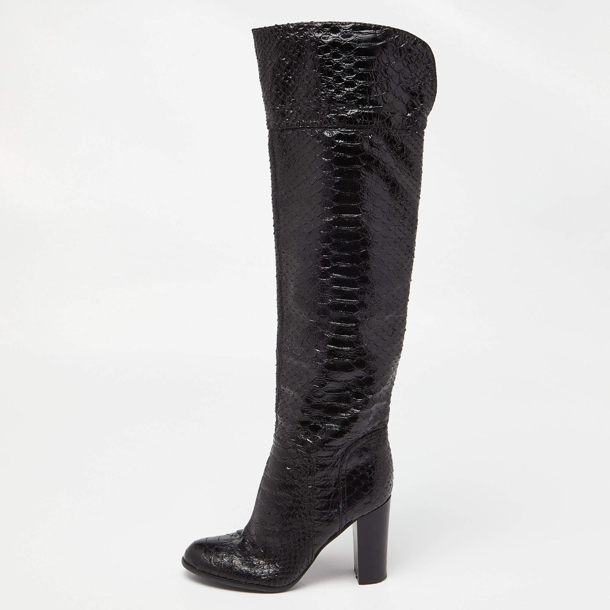 Pre Owned Sergio Rossi Black Snakeskin Embossed Leather Over The Knee Length Boots Size 37