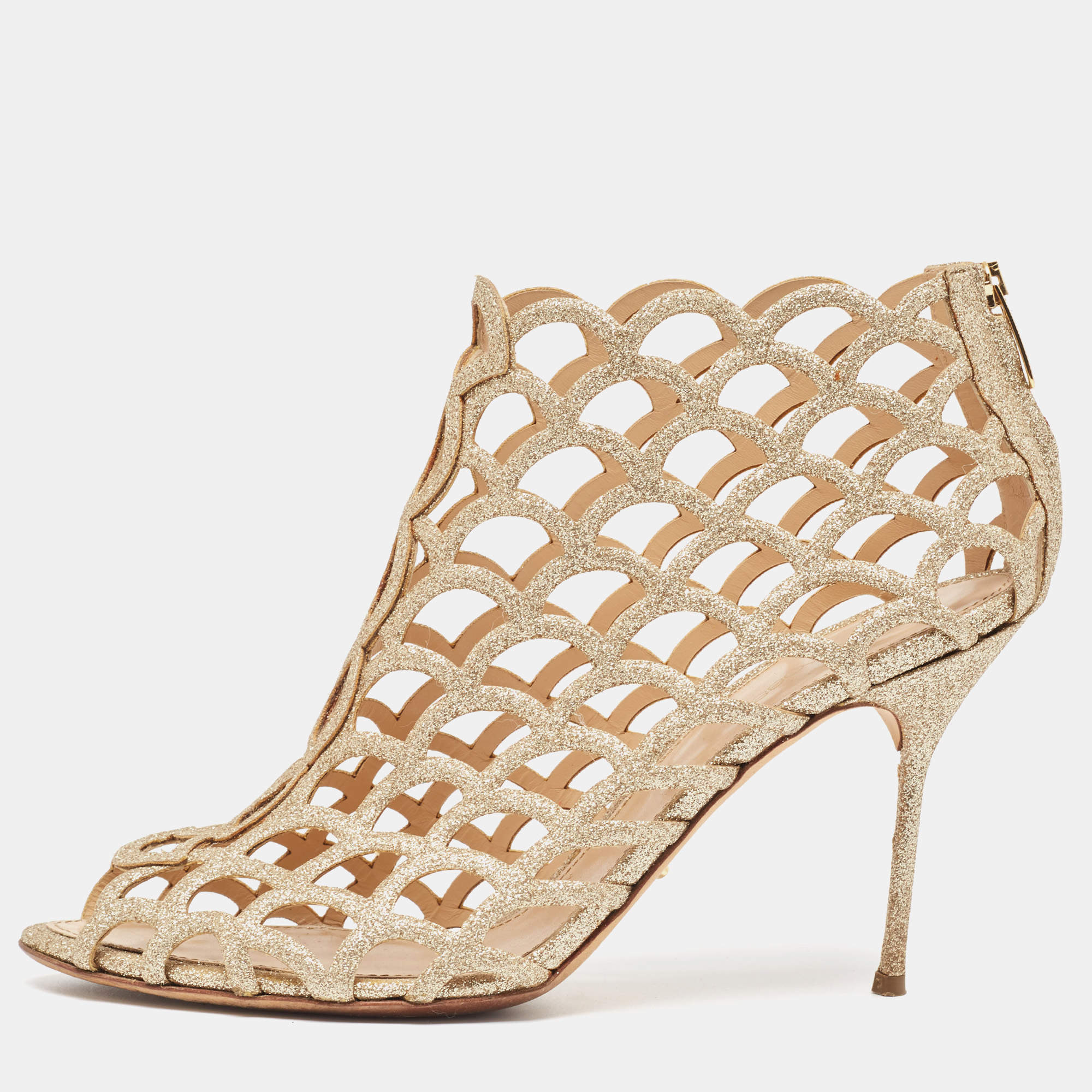 Pre Owned Sergio Rossi Gold Glitter Cut Out Sandals Size 41