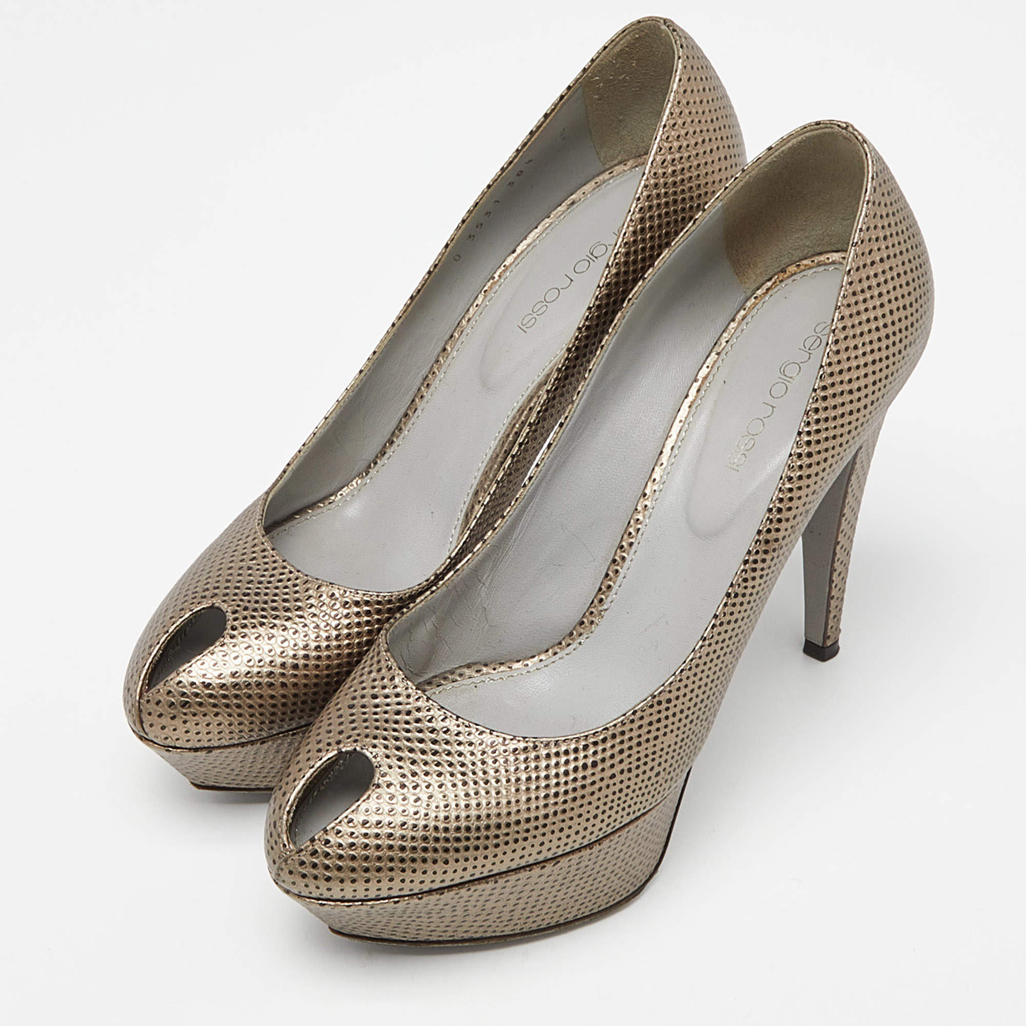 Pre Owned Sergio Rossi Grey Lizard Embossed Leather Peep Toe Platform Pumps Size 38.5