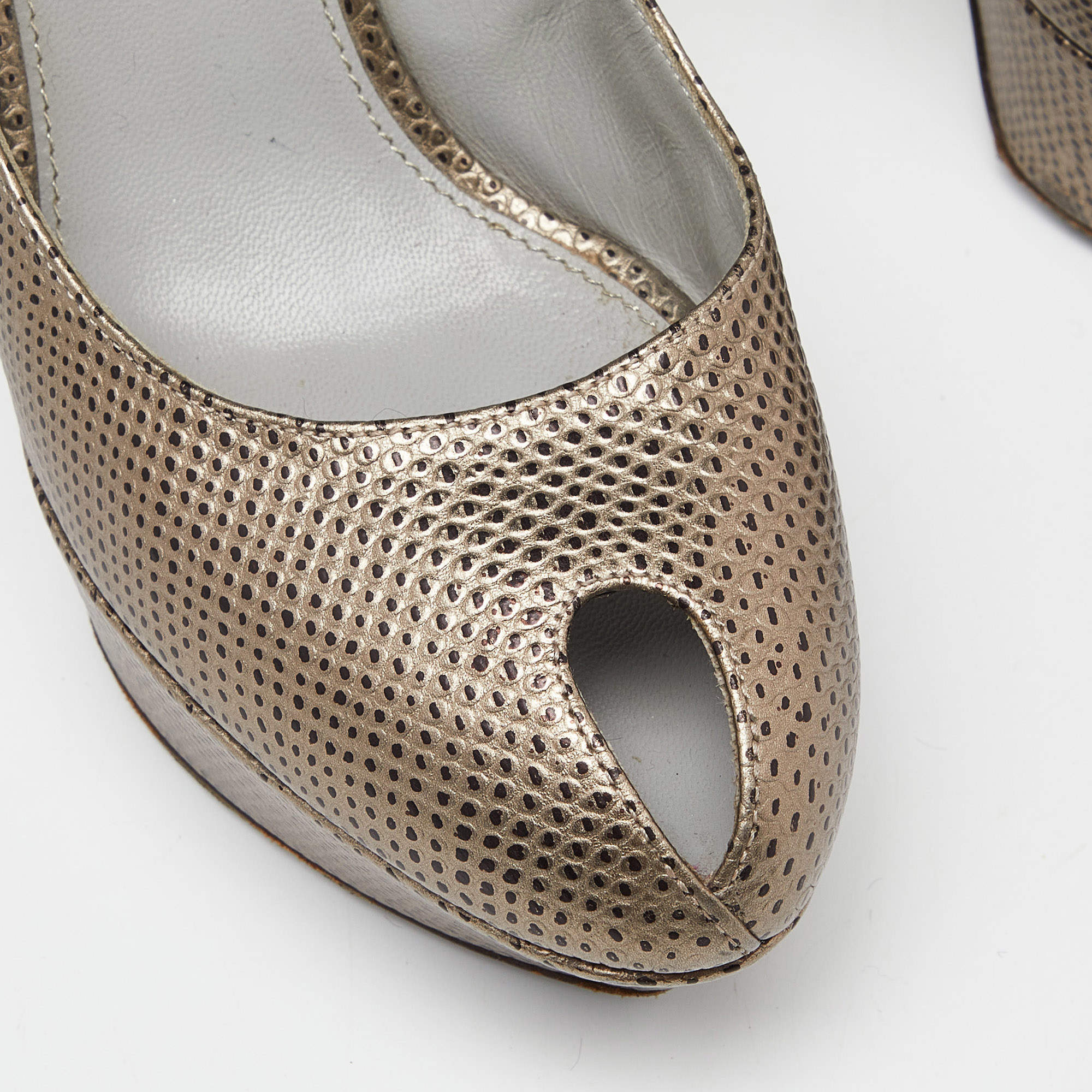 Pre Owned Sergio Rossi Grey Lizard Embossed Leather Peep Toe Platform Pumps Size 38.5