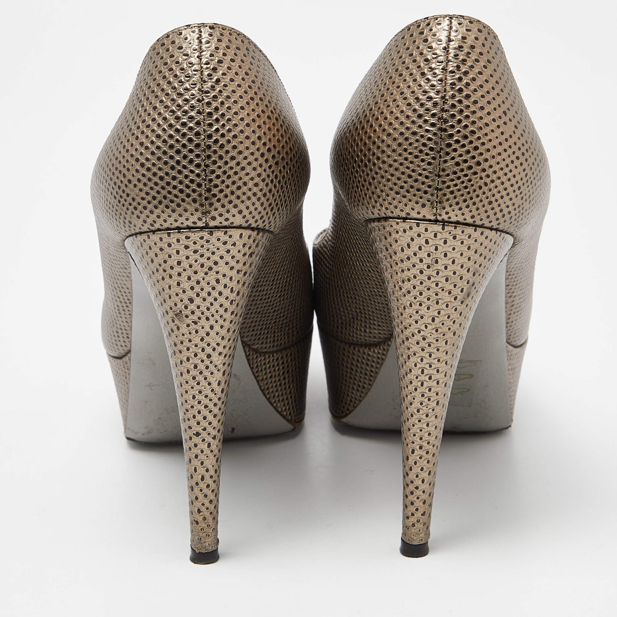 Pre Owned Sergio Rossi Grey Lizard Embossed Leather Peep Toe Platform Pumps Size 38.5