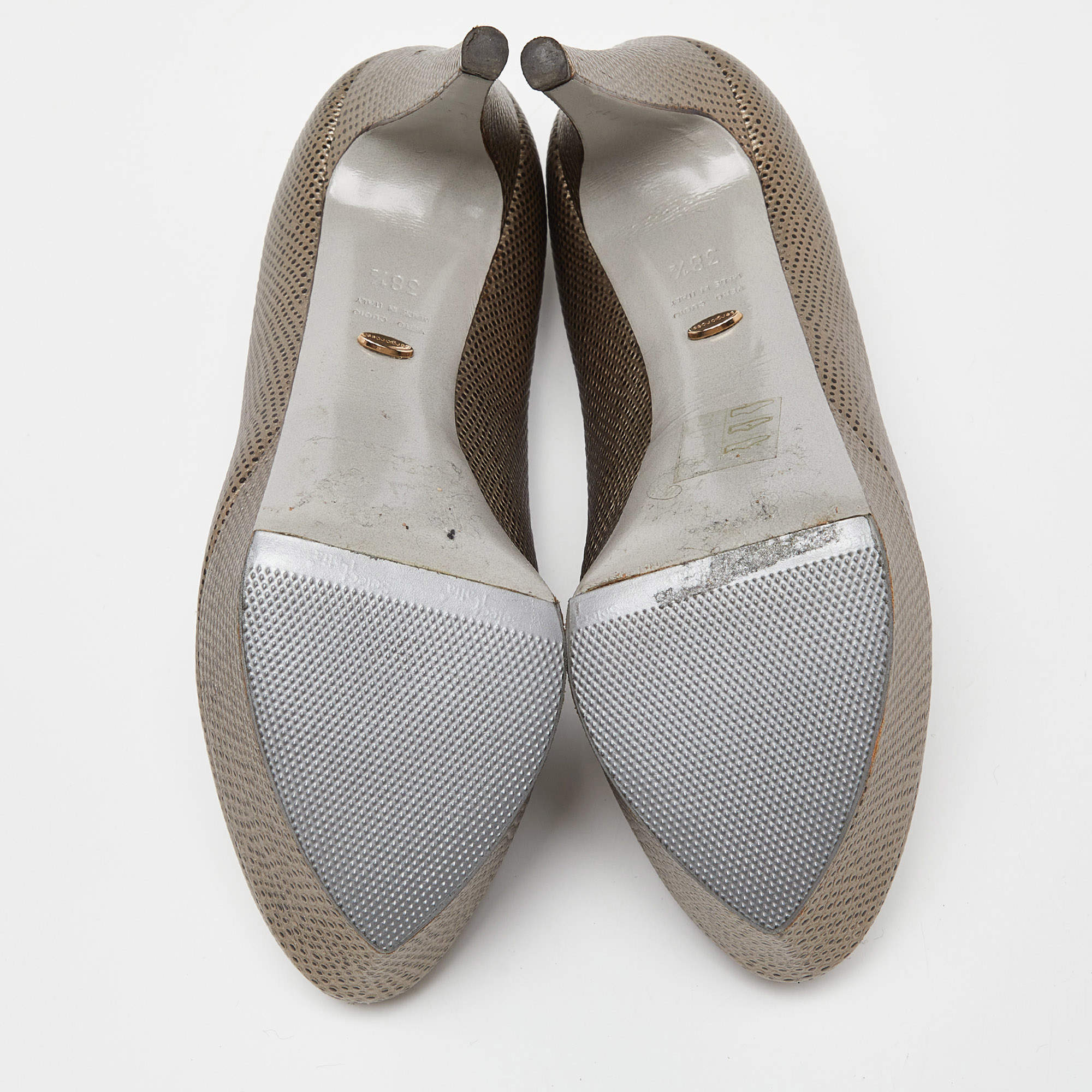 Pre Owned Sergio Rossi Grey Lizard Embossed Leather Peep Toe Platform Pumps Size 38.5