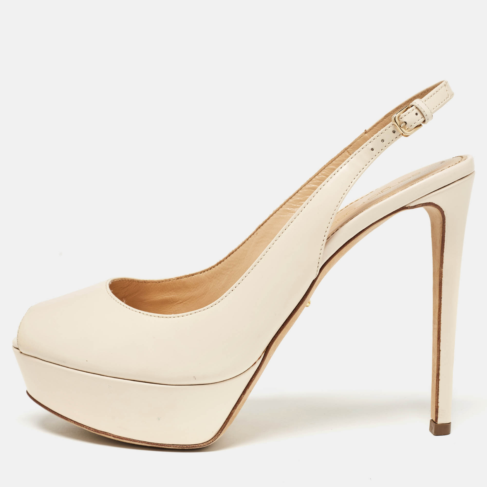 Pre Owned Sergio Rossi Cream Patent Peep Toe Platform Slingback Pumps Size 38