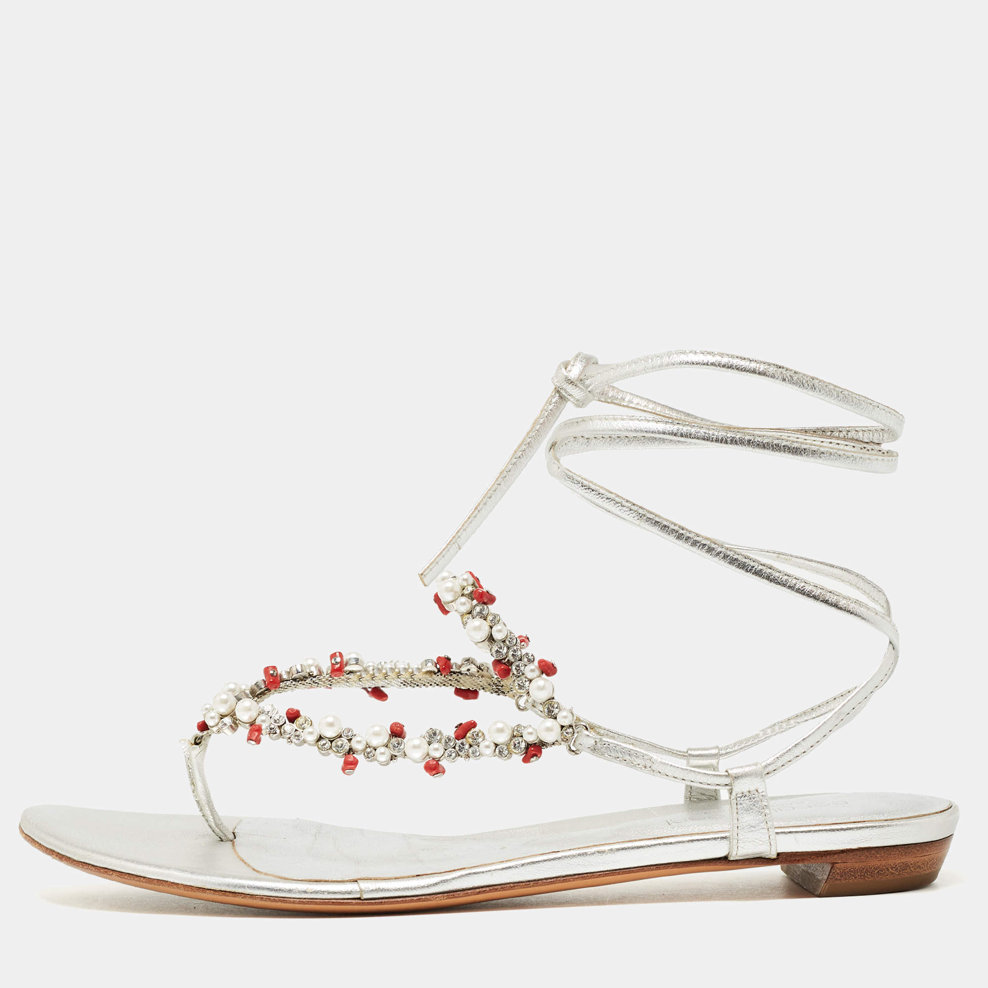 Pre Owned Sergio Rossi Silver Leather Crystal Embellished Ankle Wrap Flat Slides Size 37.5