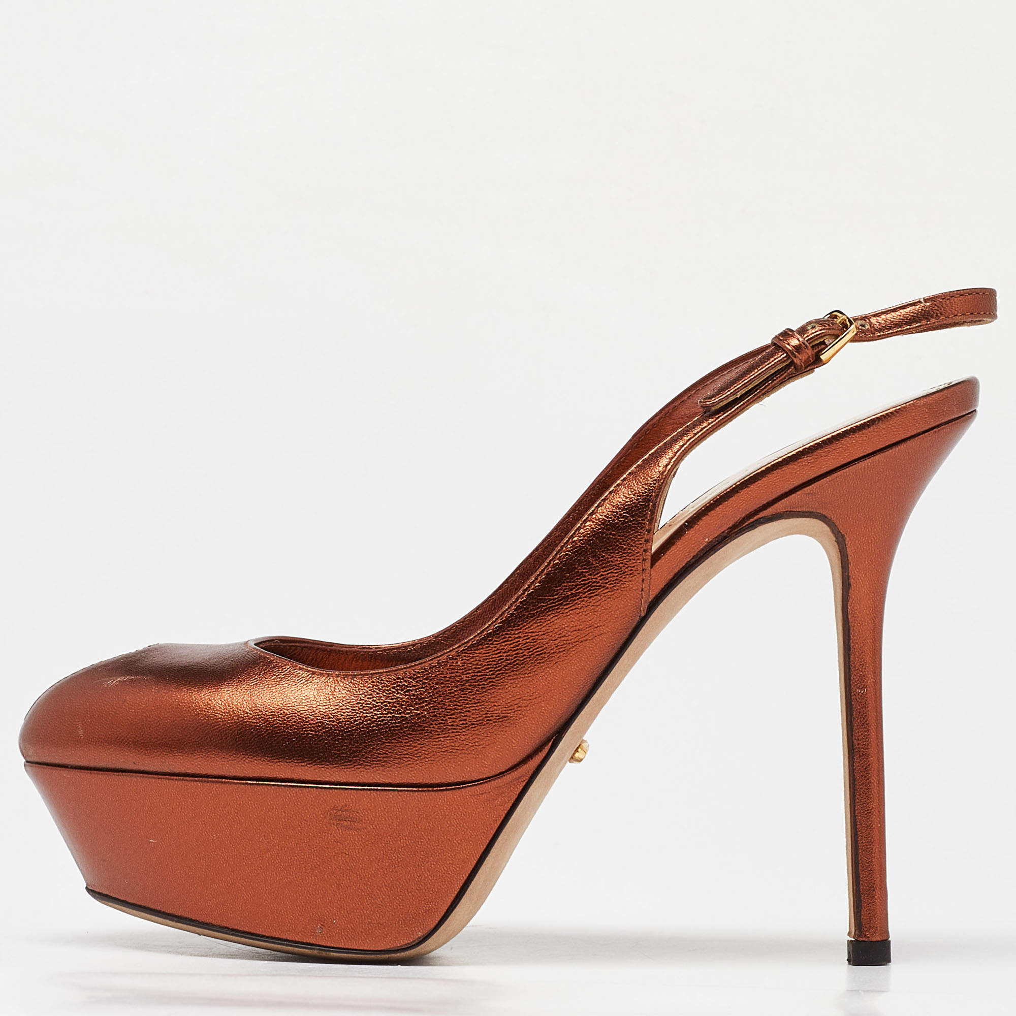 Sergio Rossi Metallic Brown Leather Cachet Peep Toe Platform Slingback Sandals Size 36.5