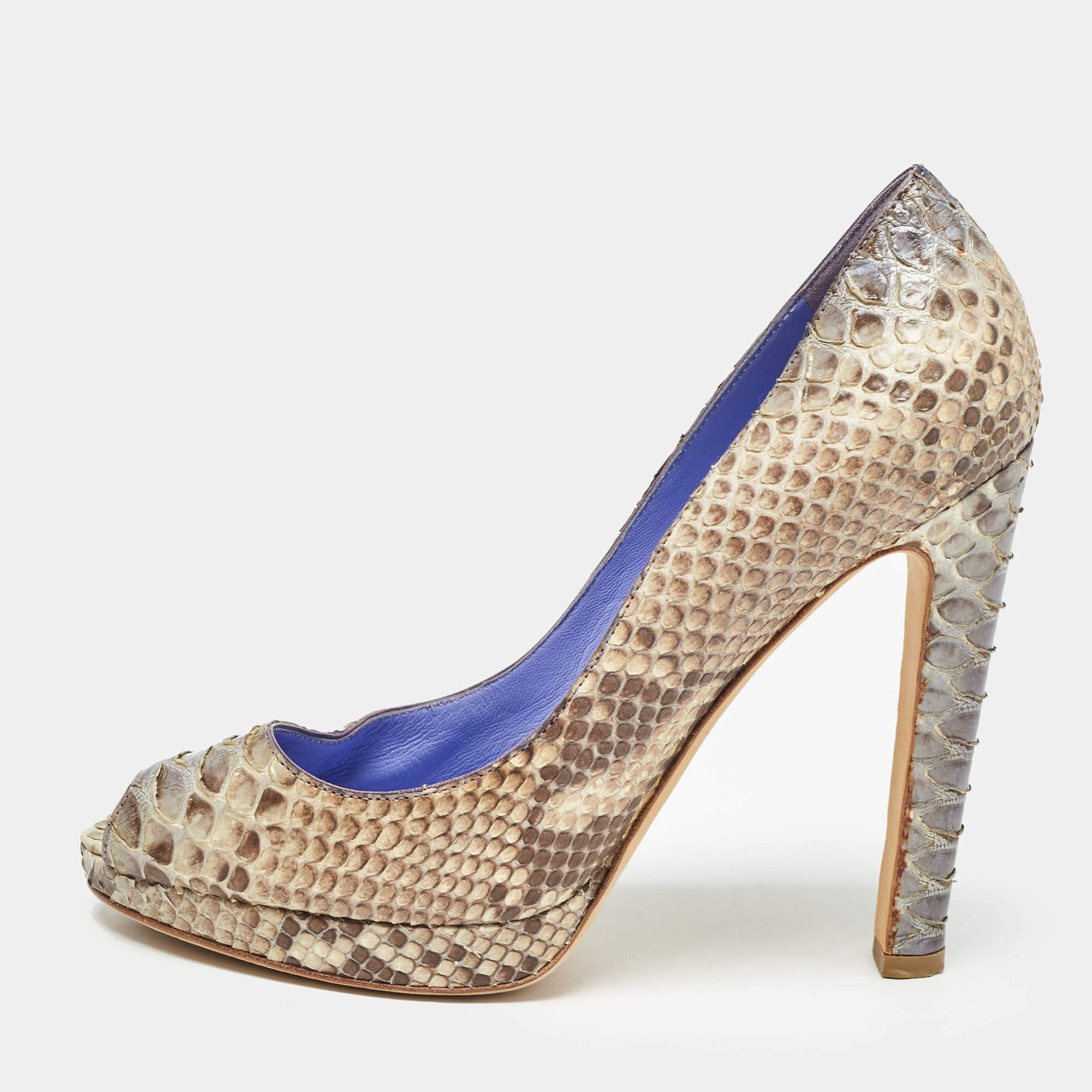 Pre Owned Sergio Rossi Beige Python Leather Peep Toe Pumps Size 37.5