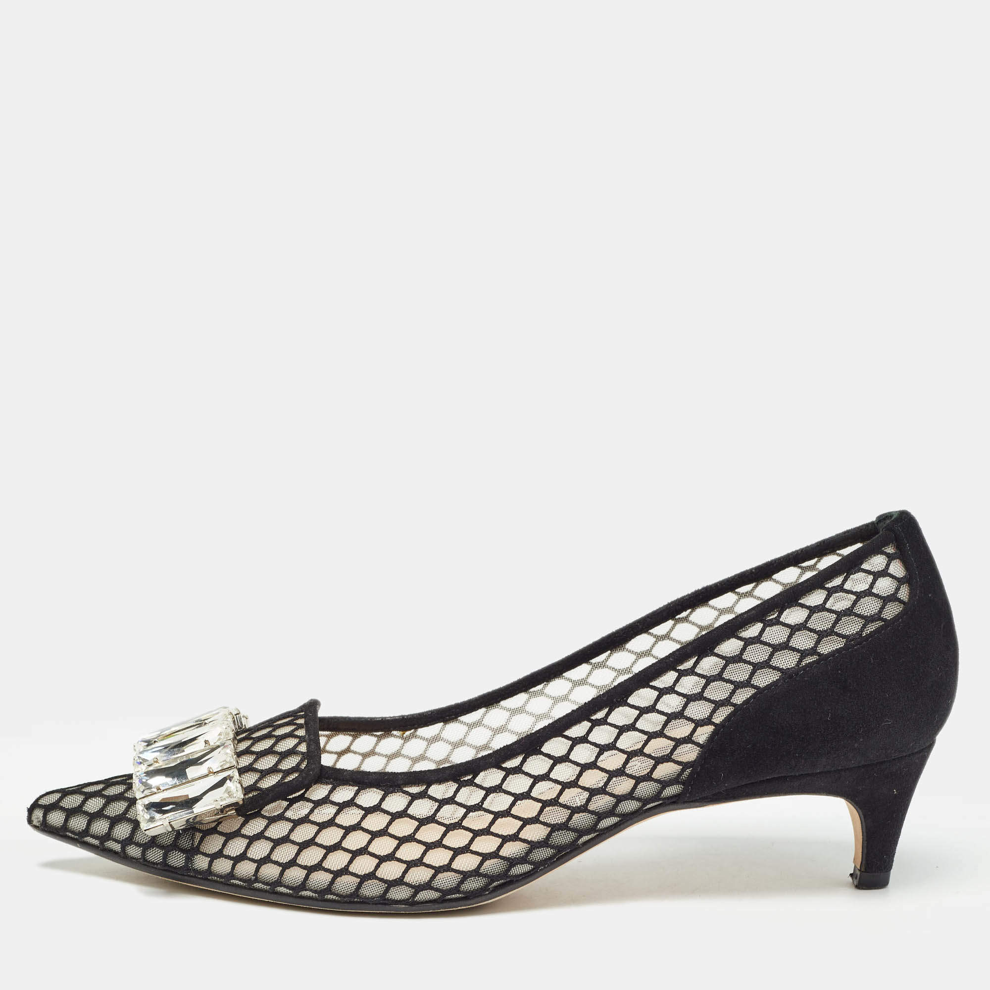 Sergio Rossi Black Suede and Mesh Crystals Pumps Size 37
