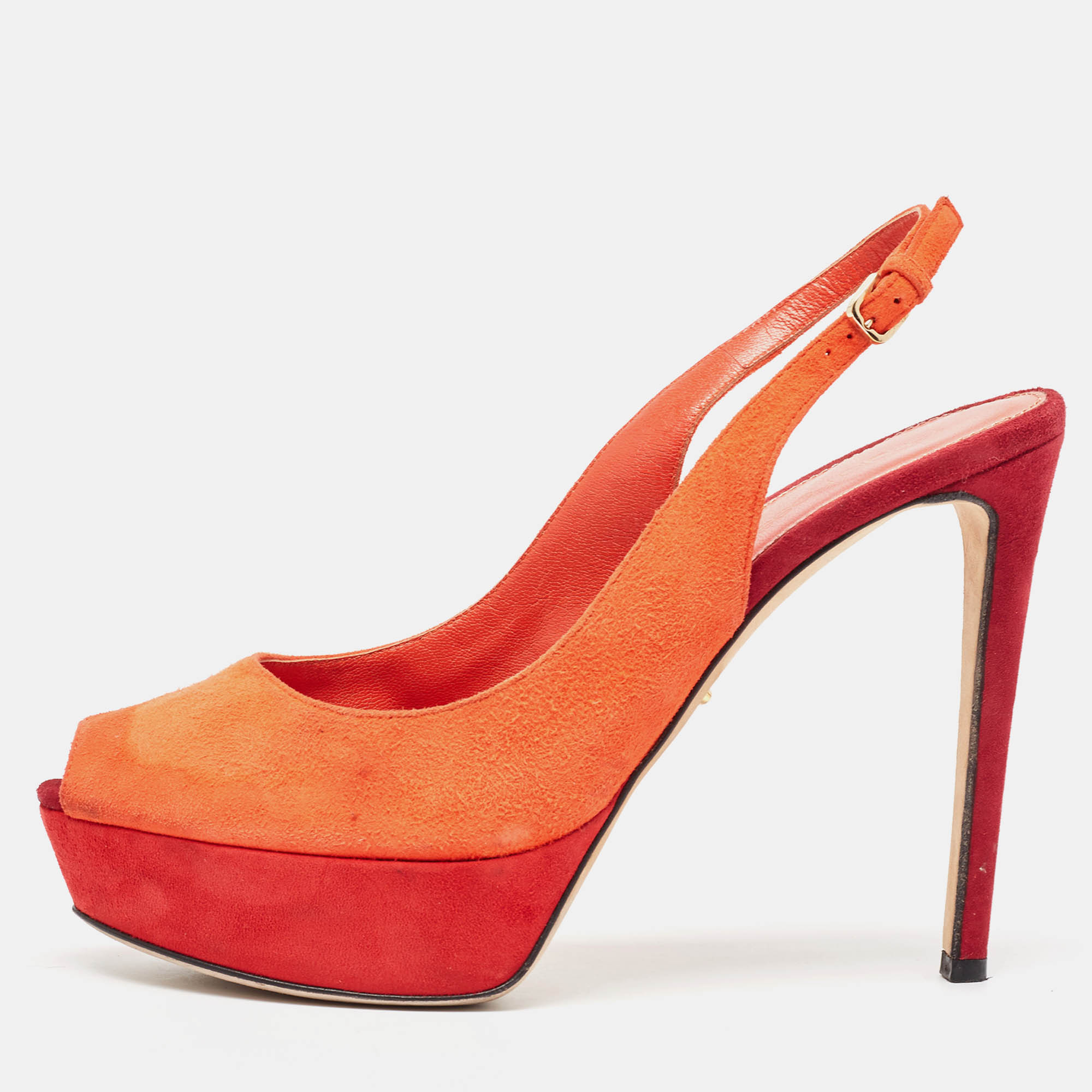 Pre Owned حذاء كعب عالي سيرجيو روسي سويدي برتقالي مقدمة مفتوحة منصة شريط خلفي مقاس 38