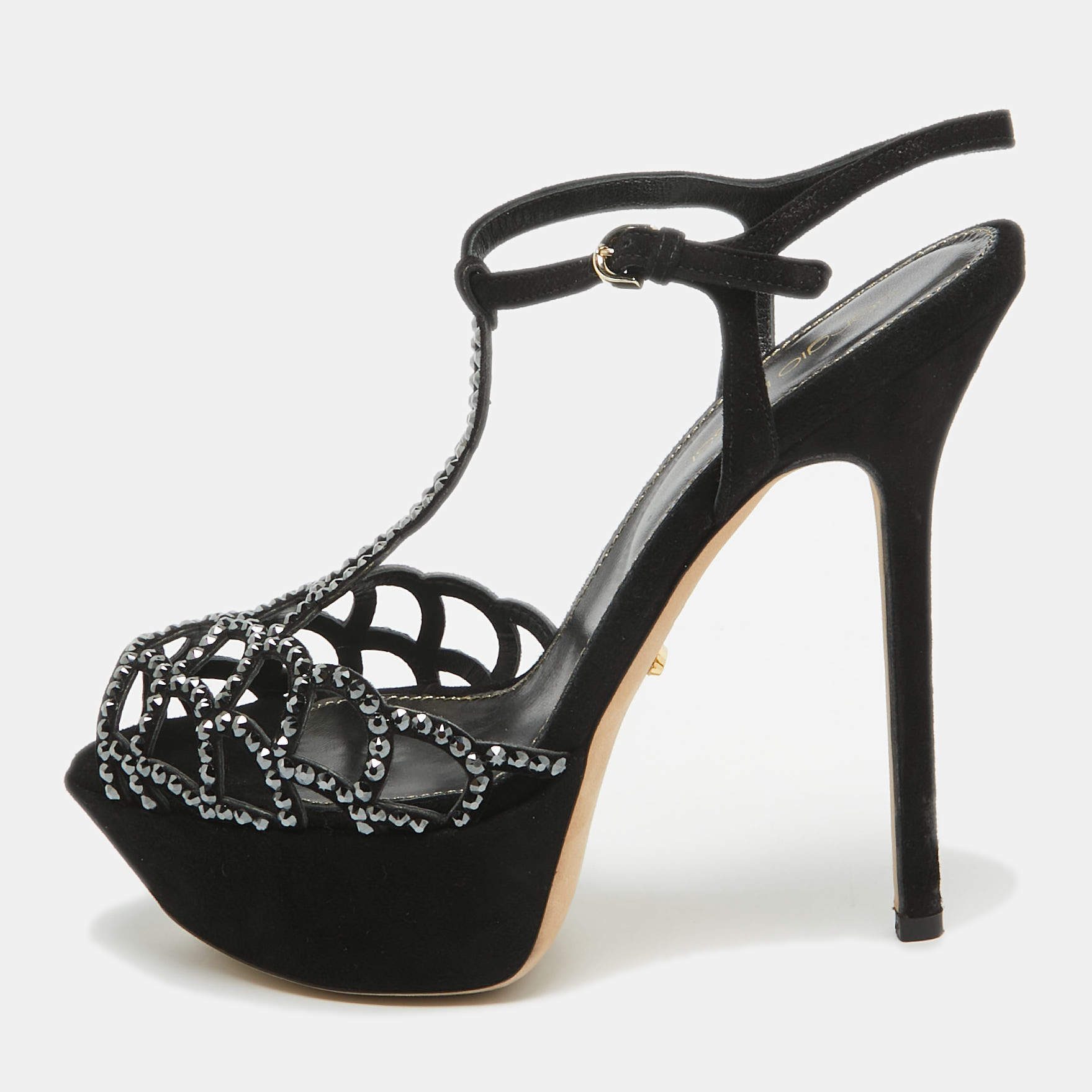 Sergio Rossi Black Suede Crystal Embellished Platform Ankle Strap Sandals Size 35.5 Sergio Rossi TLC