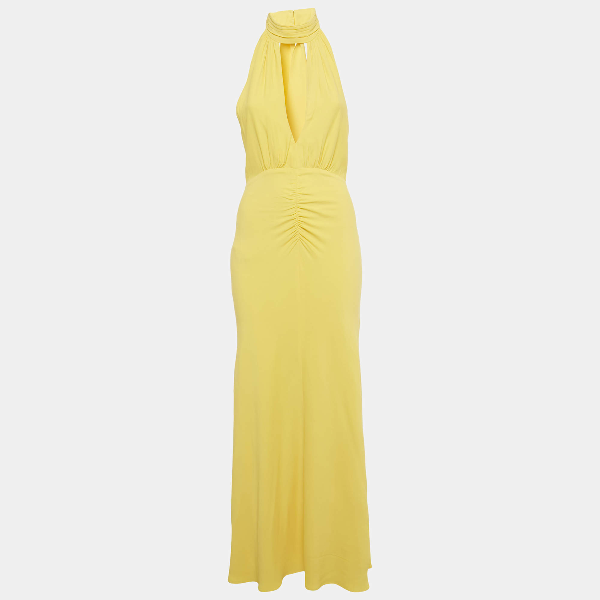 Pre Owned Shona Joy Yellow Crepe Halter Neck Pierce Maxi Dress S