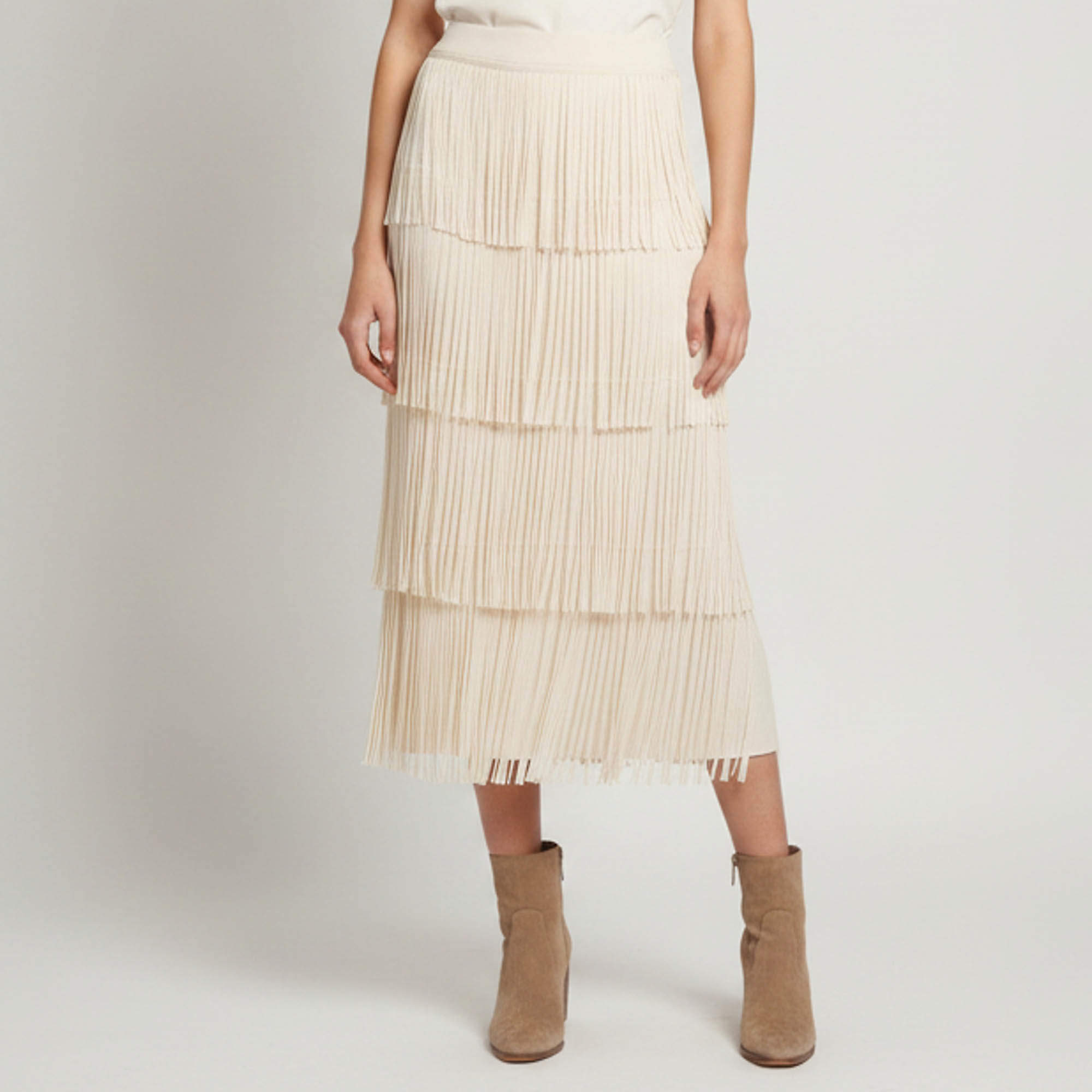 Pre Owned Simon Miller Beige Rib Knit Fringe Za Za Midi Skirt S