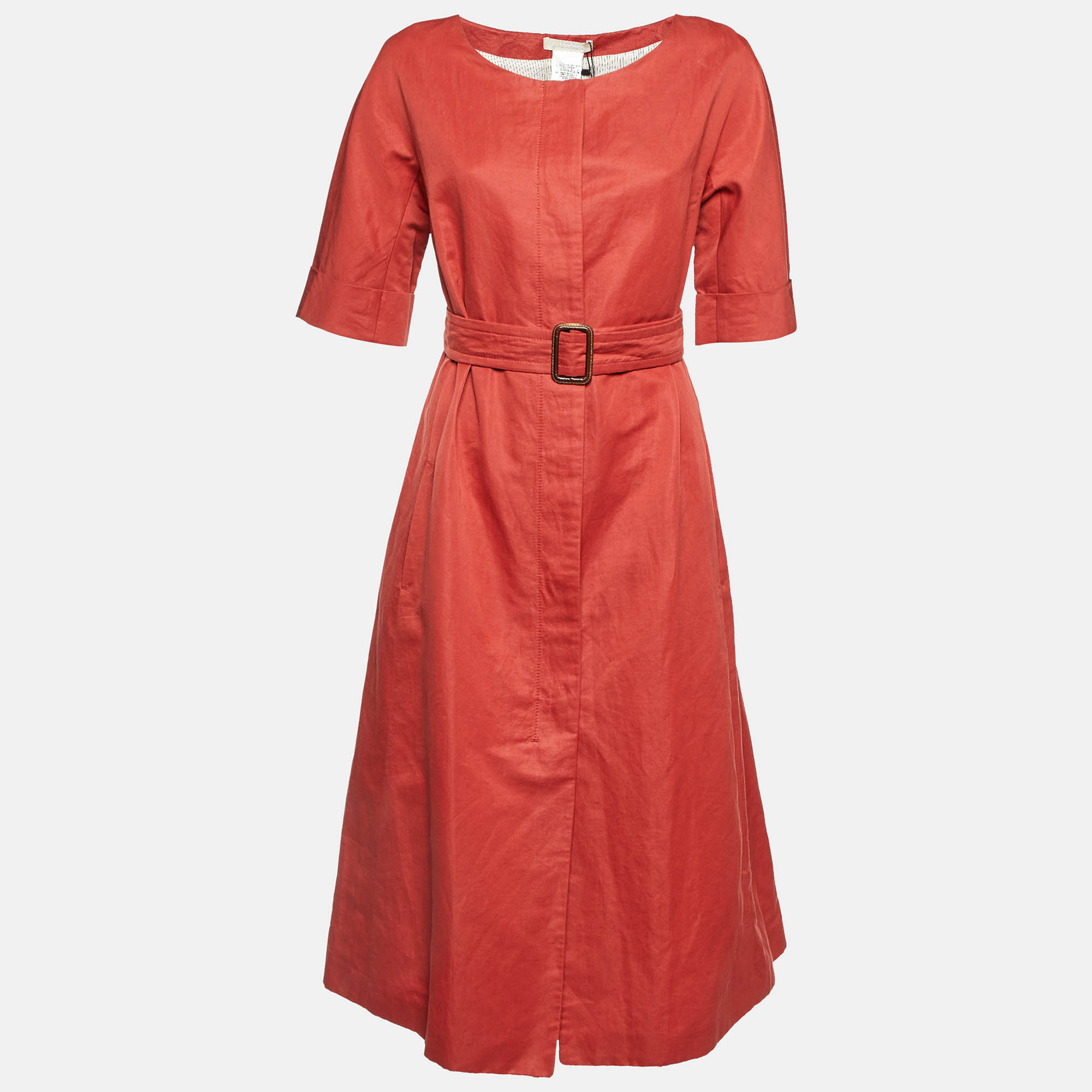 Pre Owned S'Max Mara Brick Red Cotton & Ramie Belted Button Front Dress L