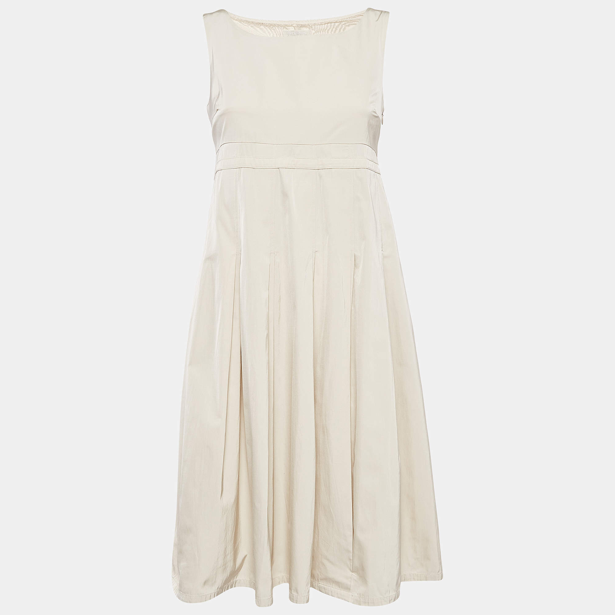 S'Max Mara Beige Cotton Blend Pleated Sleeveless Dress S