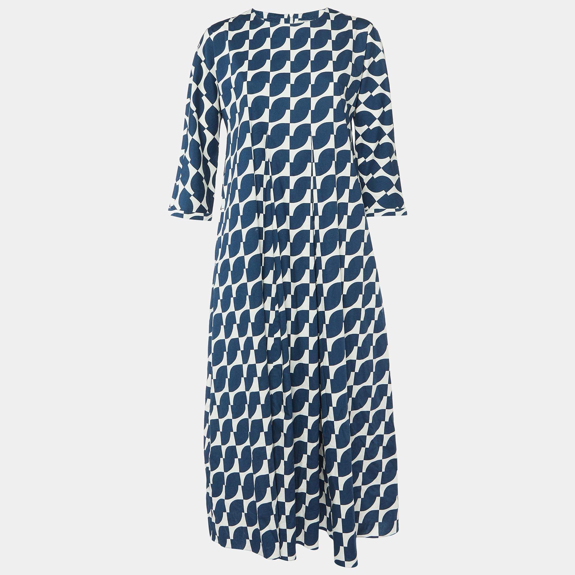 Pre Owned S'Max Mara Navy Blue Geometric Print Cotton Pleated Long Dress M