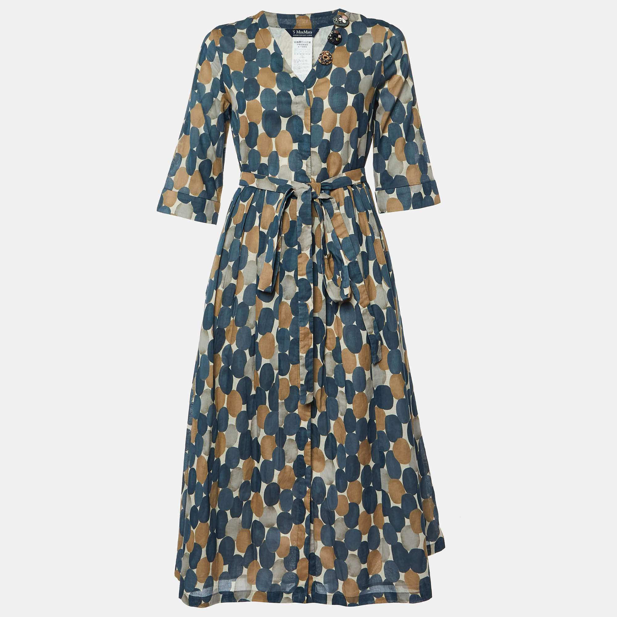 Pre Owned S'Max Mara Blue Pesche Print Cotton Belted Midi Dress M