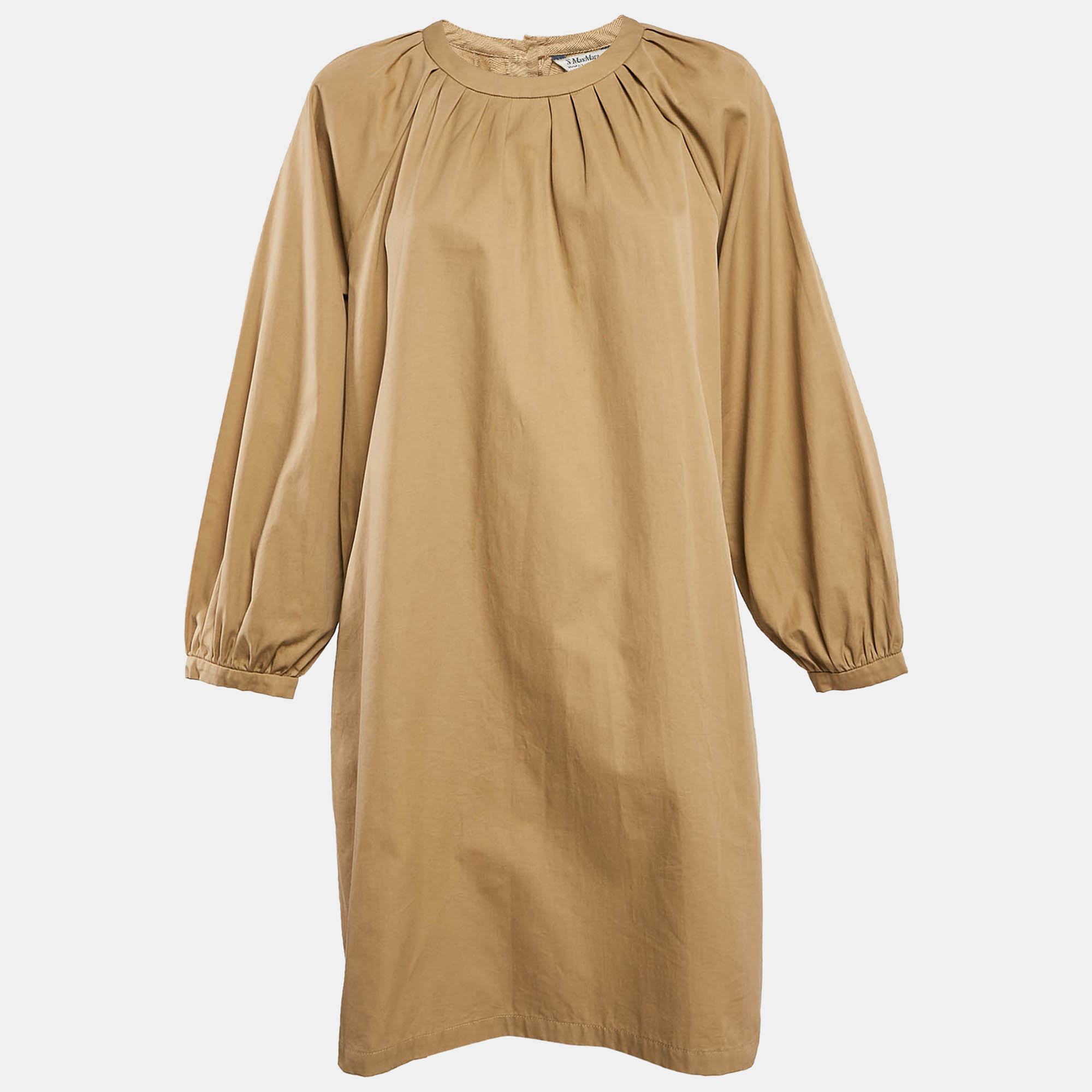 S'Max Mara Brown Cotton Pleated Neck Mini Dress M