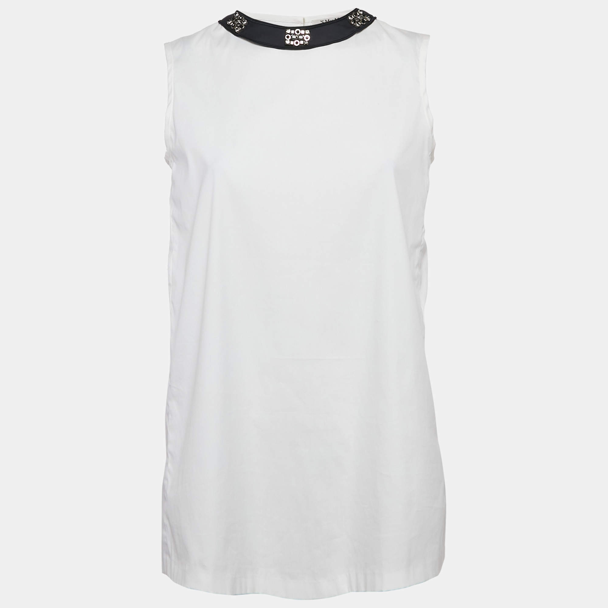 S'Max Mara White Cotton Embellished Neck Sleeveless Top S
