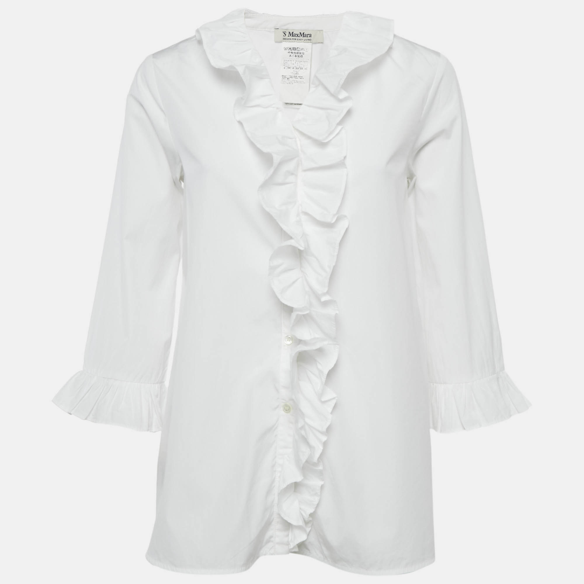 Pre Owned S'Max Mara White Cotton Ruffled Button Front Shirt S