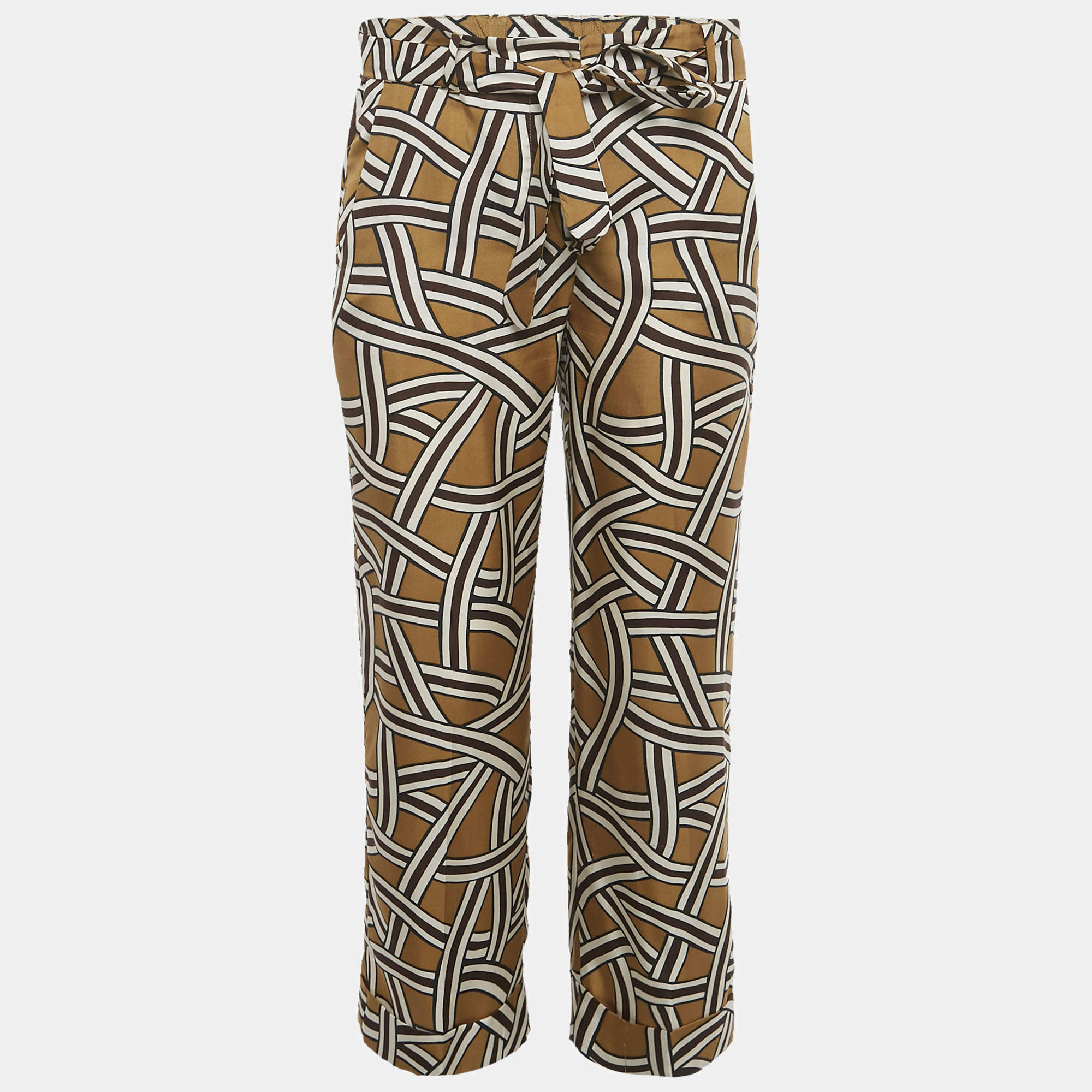 Pre Owned S'Max Mara Green Printed Silk Belted Trousers S