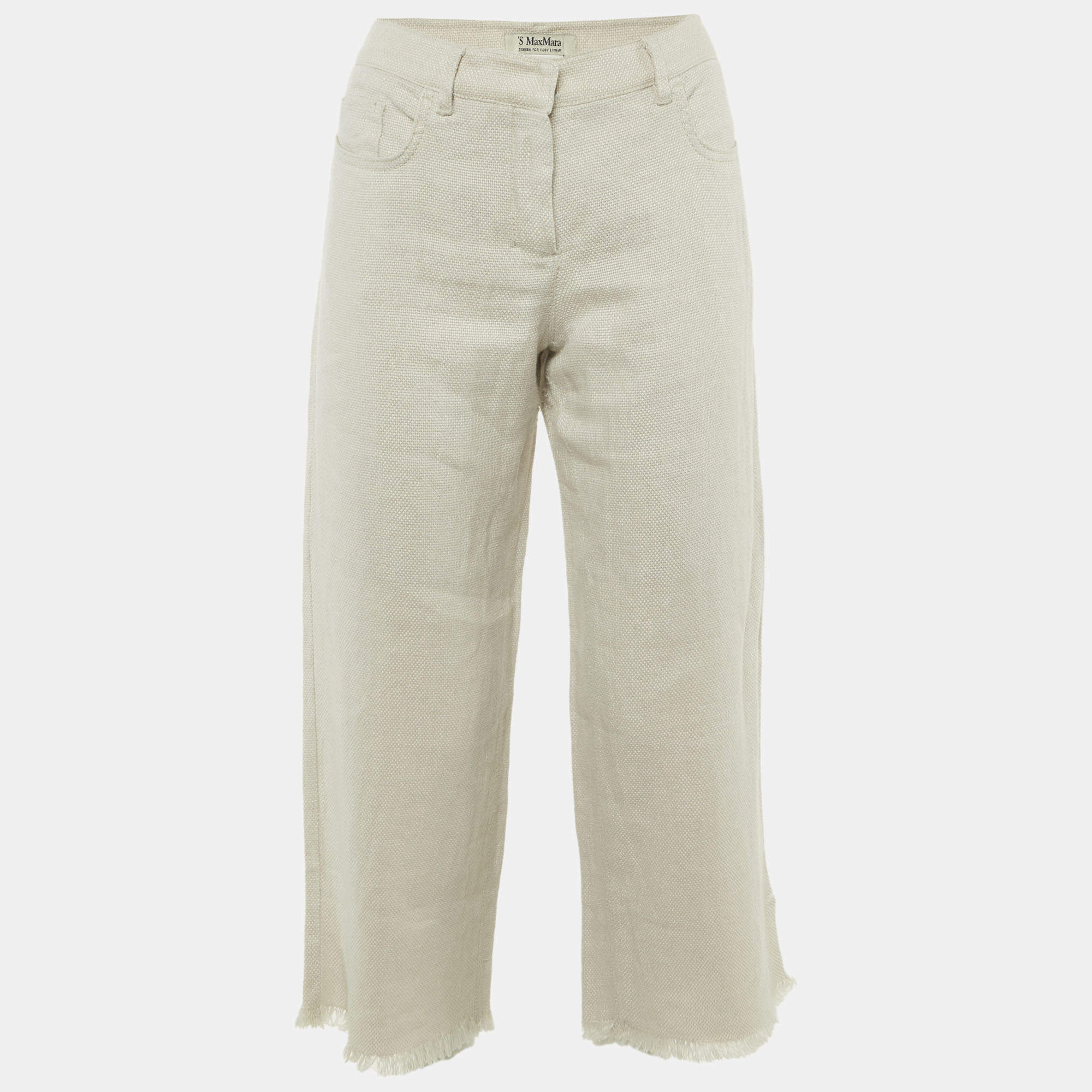 Pre Owned S'Max Mara Beige Textured Linen Frayed Hem Trousers M