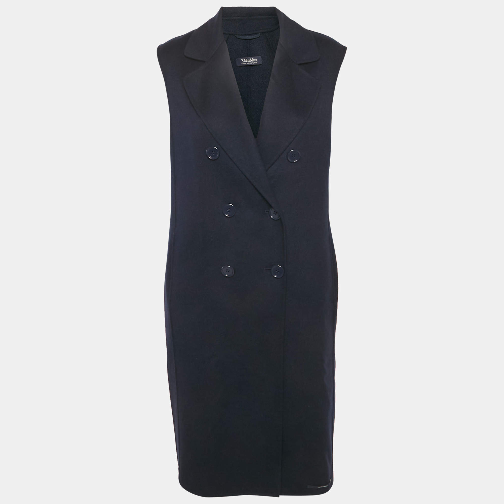 مملوكة مسبقًا S'Max Mara Navy Blue Double Breasted Sleeveless Coat S