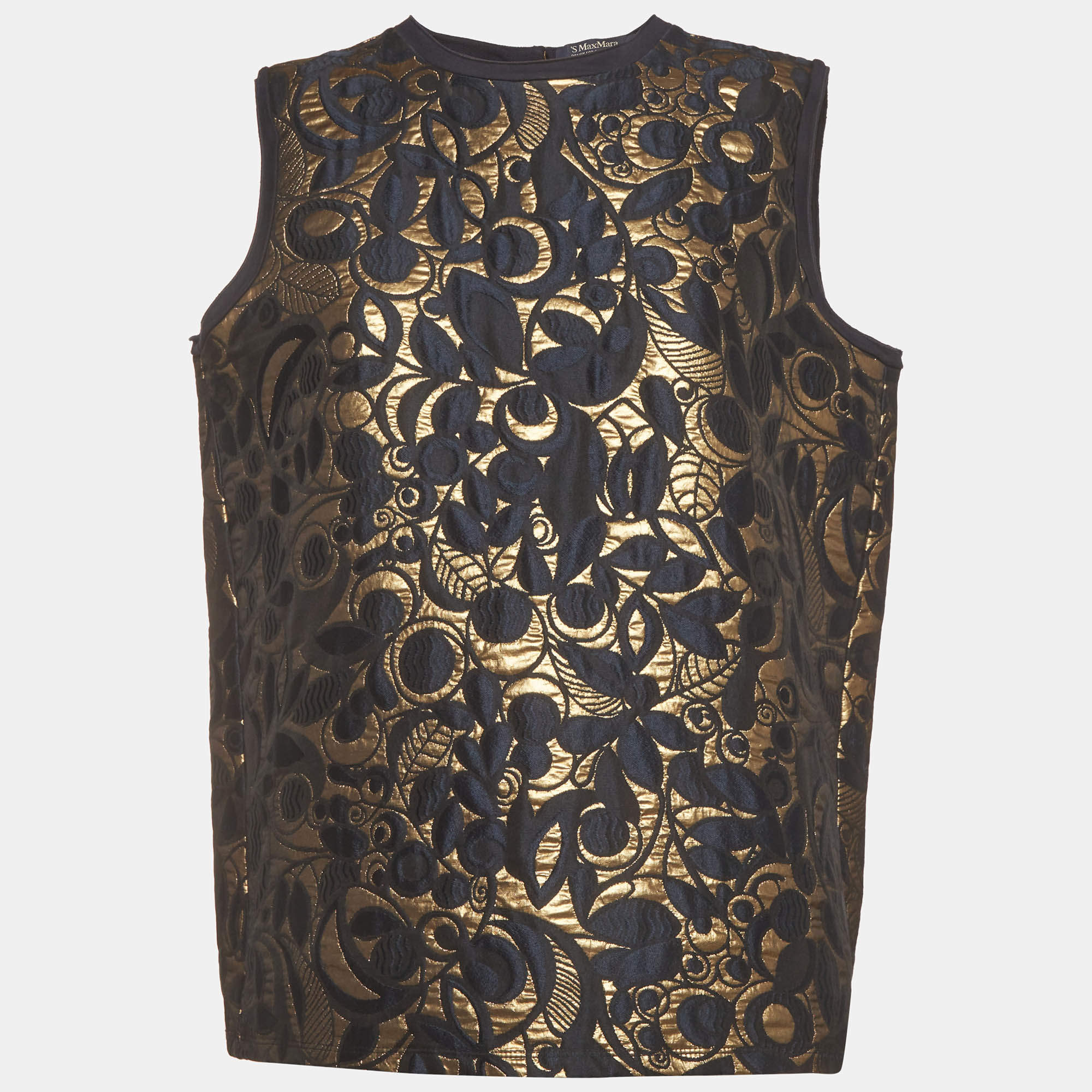 Pre Owned S'Max Mara Navy/Gold Floral Jacquard Sleeveless Tunic Top L