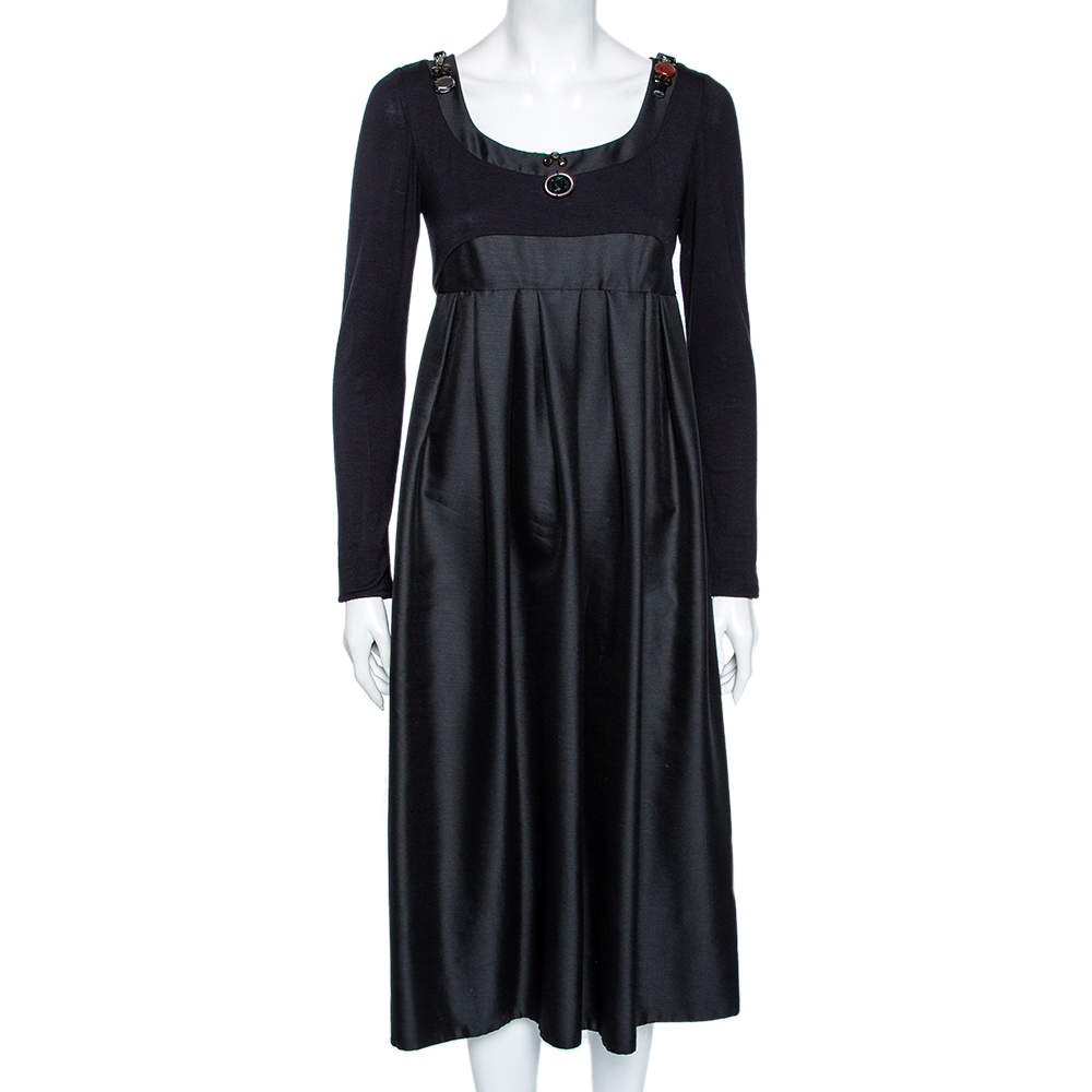 Pre Owned S'Max Mara Black Wool & Silk Embellished Neck Detail Pleated Dress M