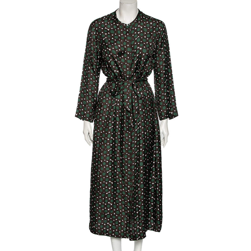 S'Max Mara Green & Brown Printed Silk Button Front Belted Dress M