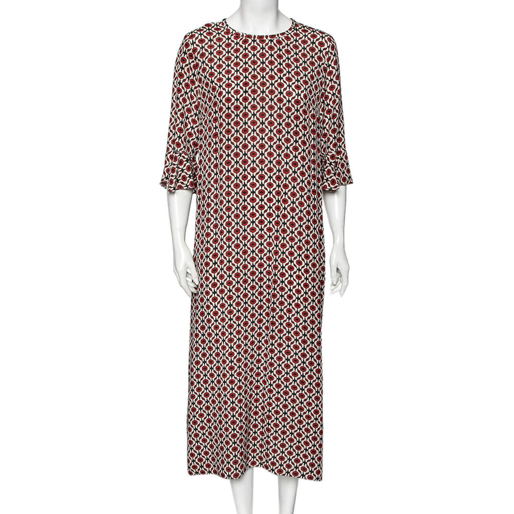 Pre Owned S'Max Mara Red & White Printed Silk Midi Dress M