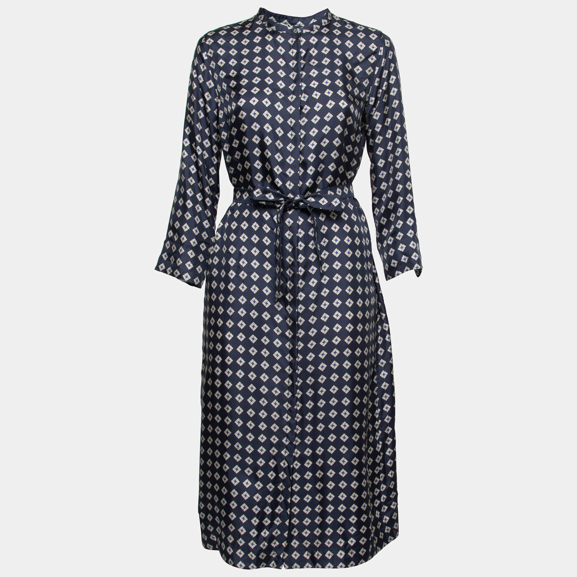Pre Owned S'Max Mara Navy Blue Printed Silk Farea Belted Shirt Dress S