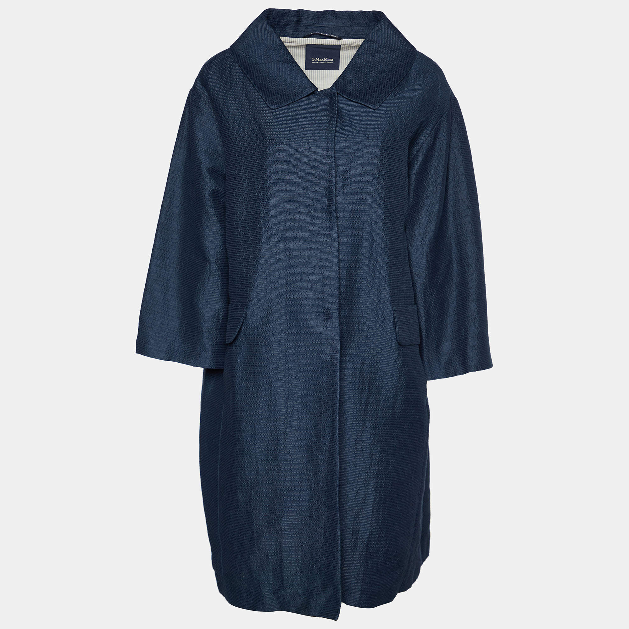 S'Max Mara Navy Blue Textured Cotton & Silk Oversized Button Front Coat M