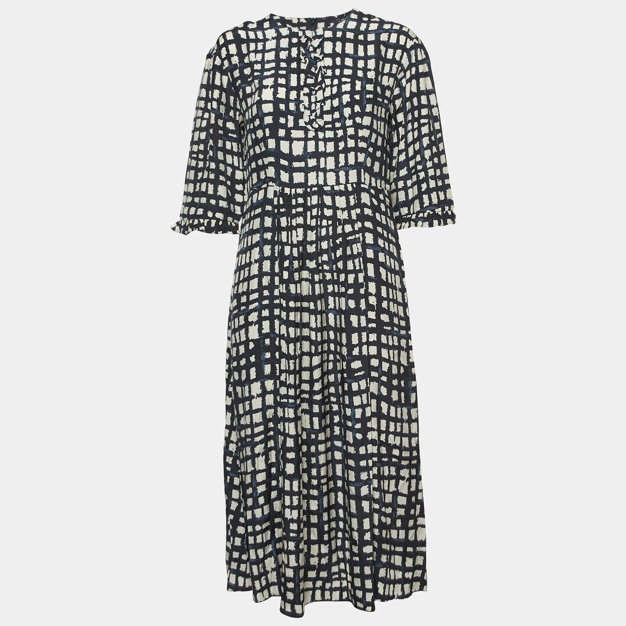 Pre Owned S'Max Mara Navy Blue Print Silk Pleated Midi Dress S