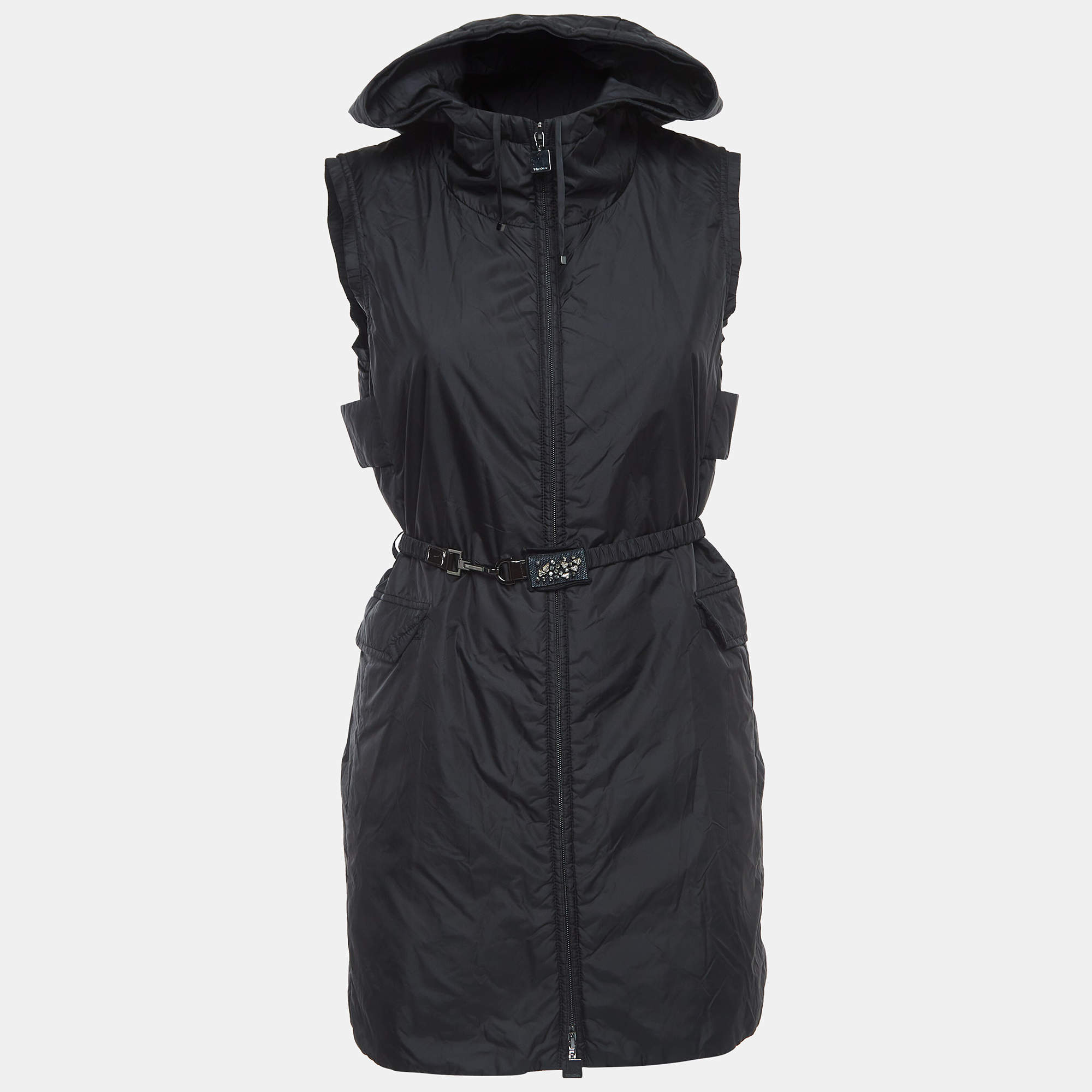 S'Max Mara Black Nylon Zip Front Hooded Timeless Vest S 