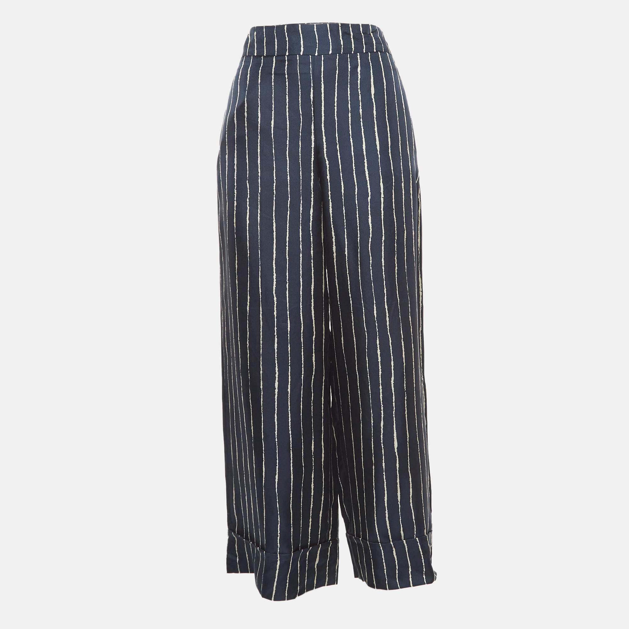 Pre Owned S'Max Mara Navy Blue Striped Silk Wide Leg Trousers S