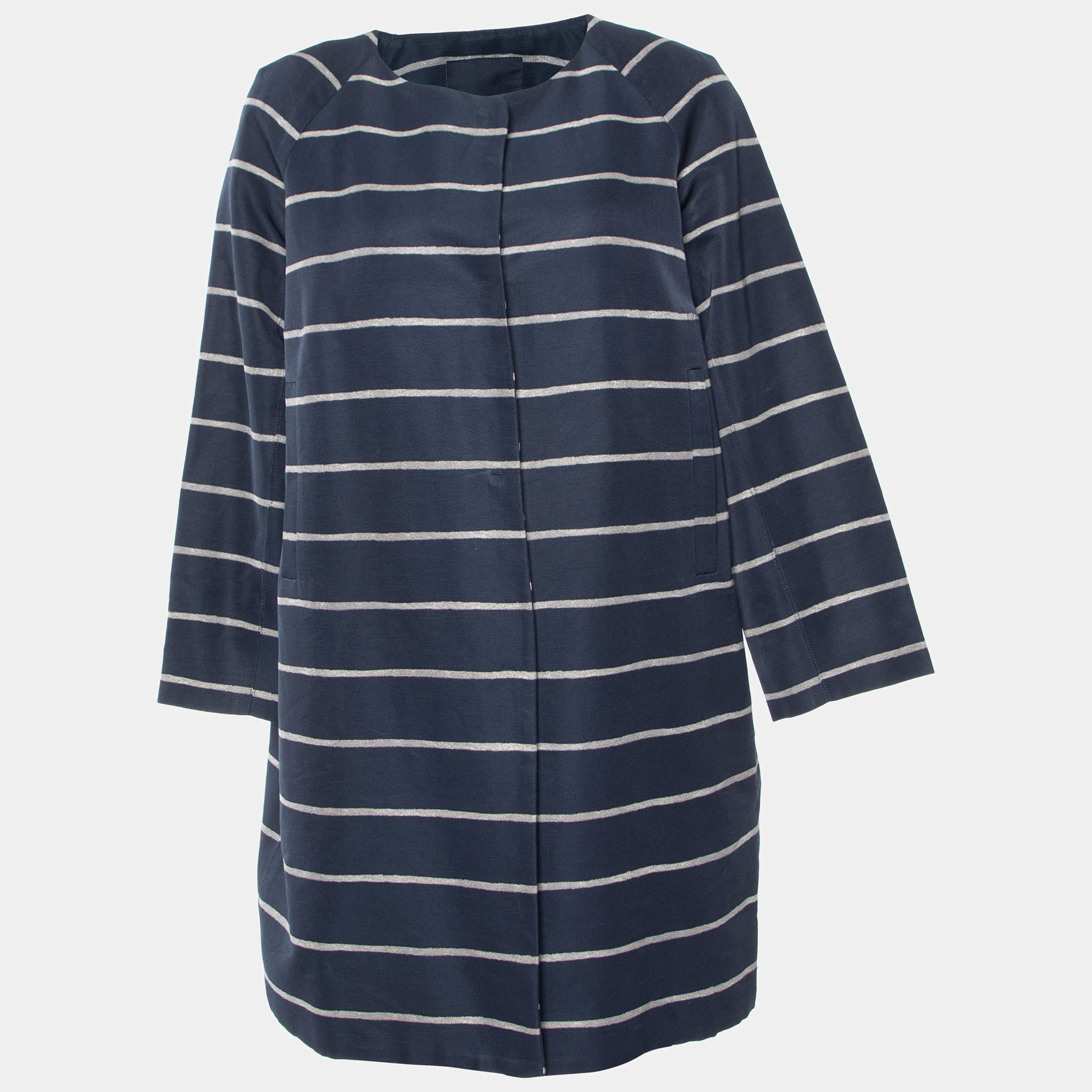 S'Max Mara Navy Blue Striped Cotton Blend Button Front Coat M