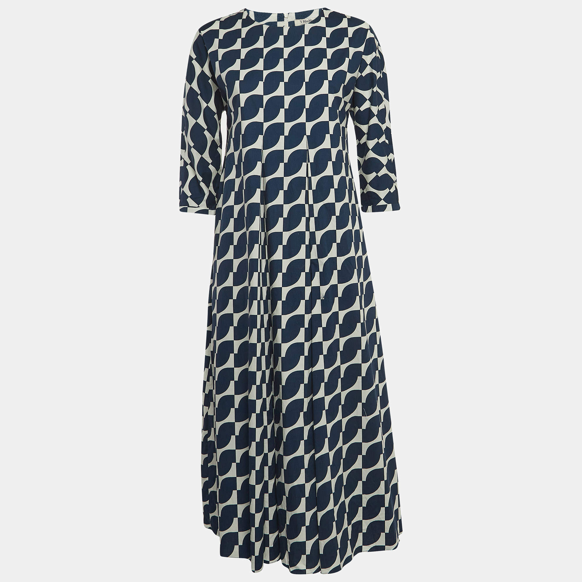 S'Max Mara Blue Geometric Print Cotton Pleated Midi Dress M