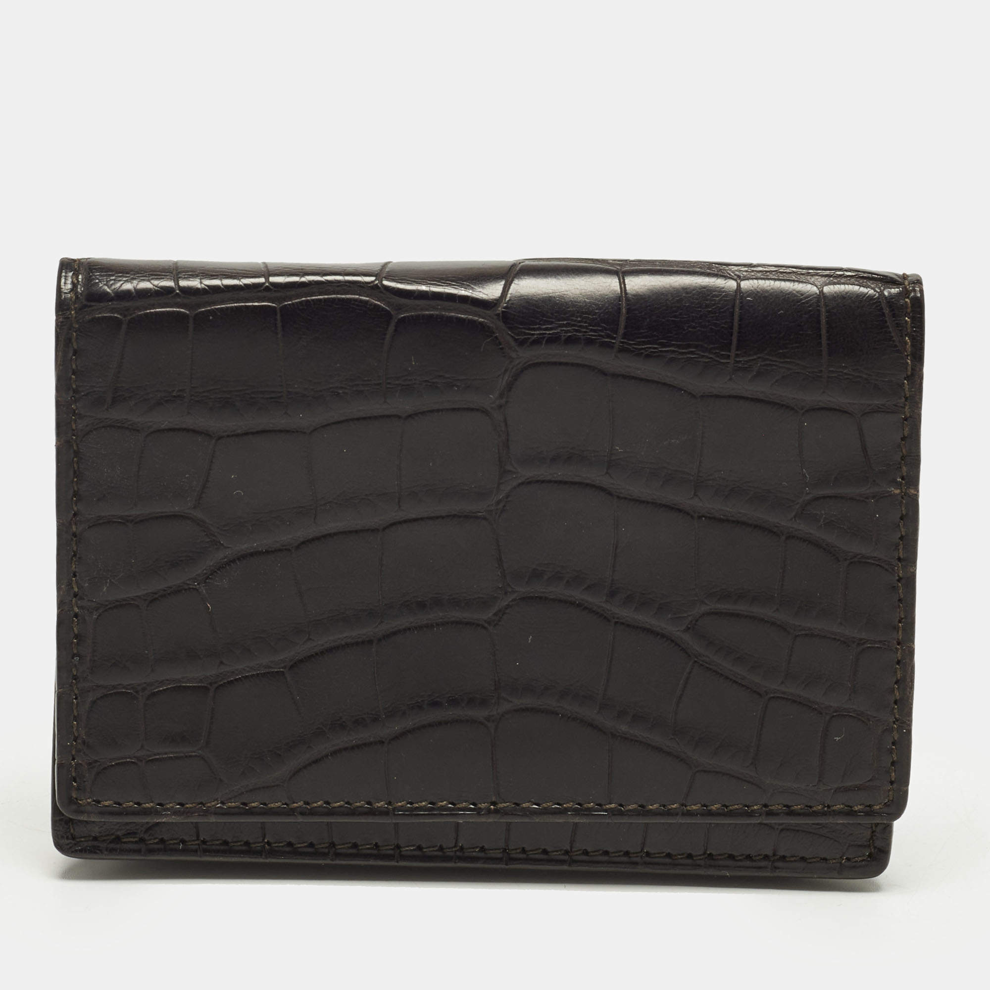 مملوكة مسبقًا Smythson Black Croc Embossed Leather Flap Card Case